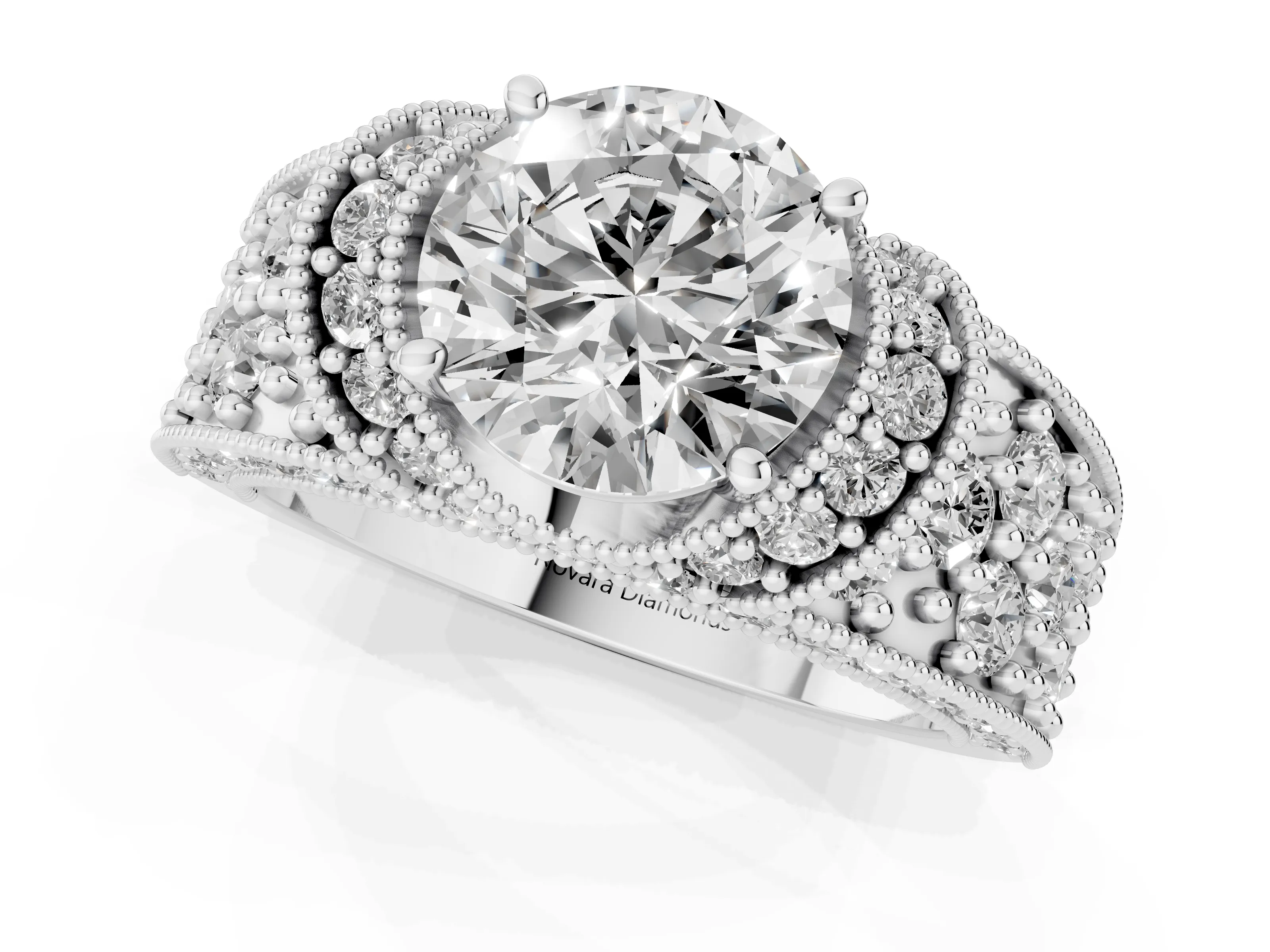Round Cut Diamond Milgrain Halo Pavé Engagement Ring Set in White gold with Prong Setting – second view
