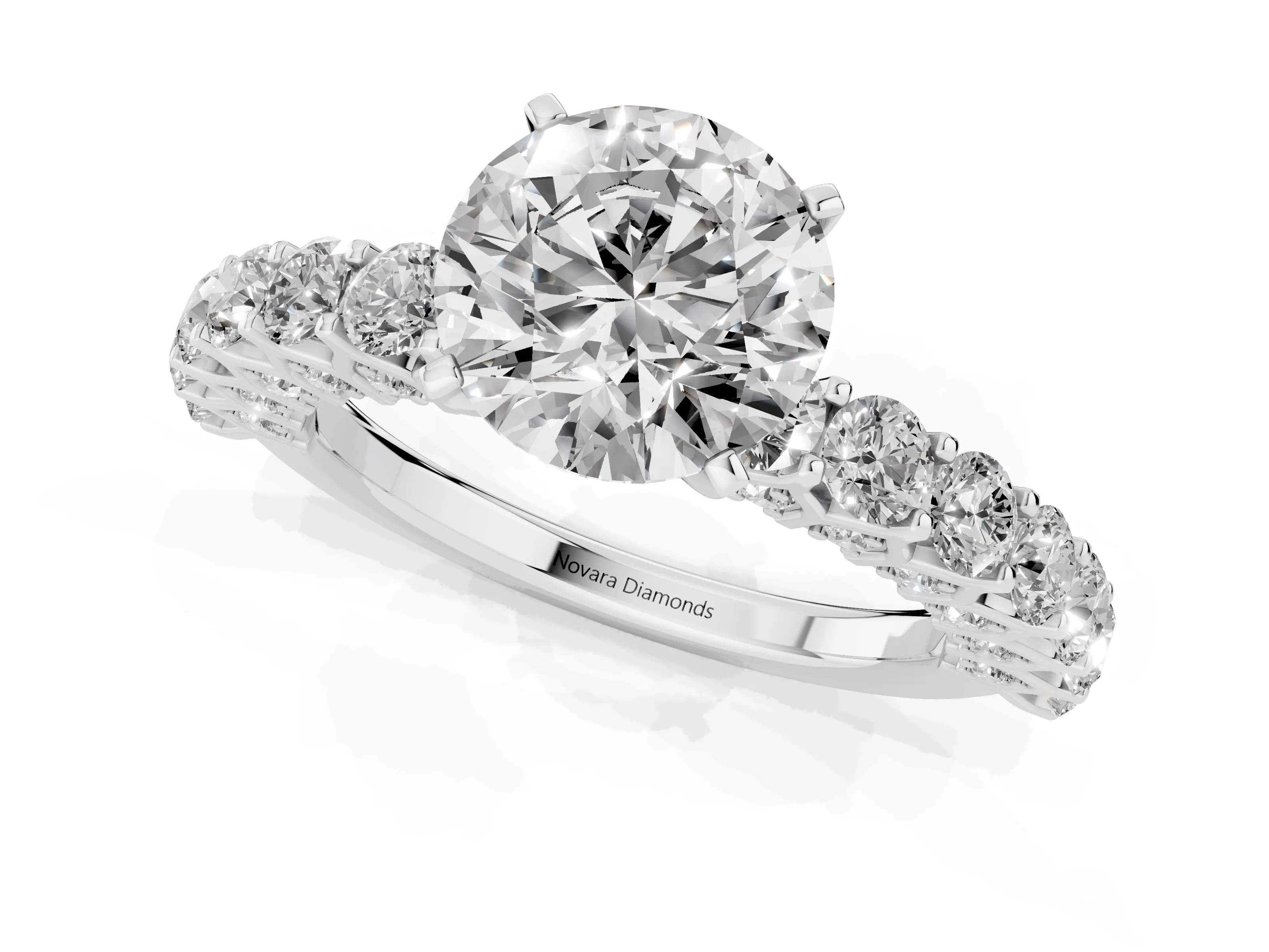 Round Cut Diamond Solitaire Ring Set in Platinum with Shared Prong Pavé Band