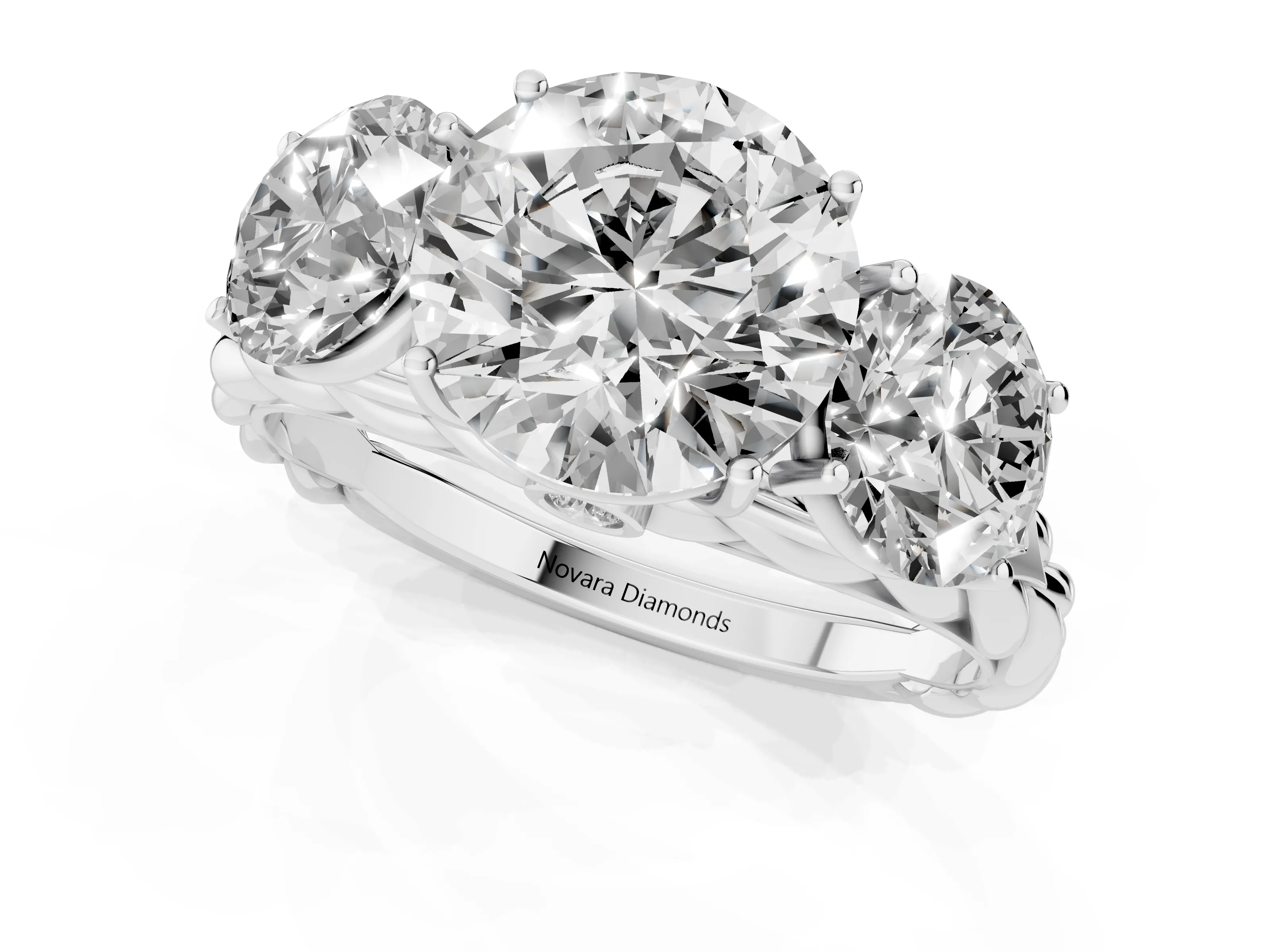 Round Cut Diamond Three-Stone Ring Set in Silver with Braided Band