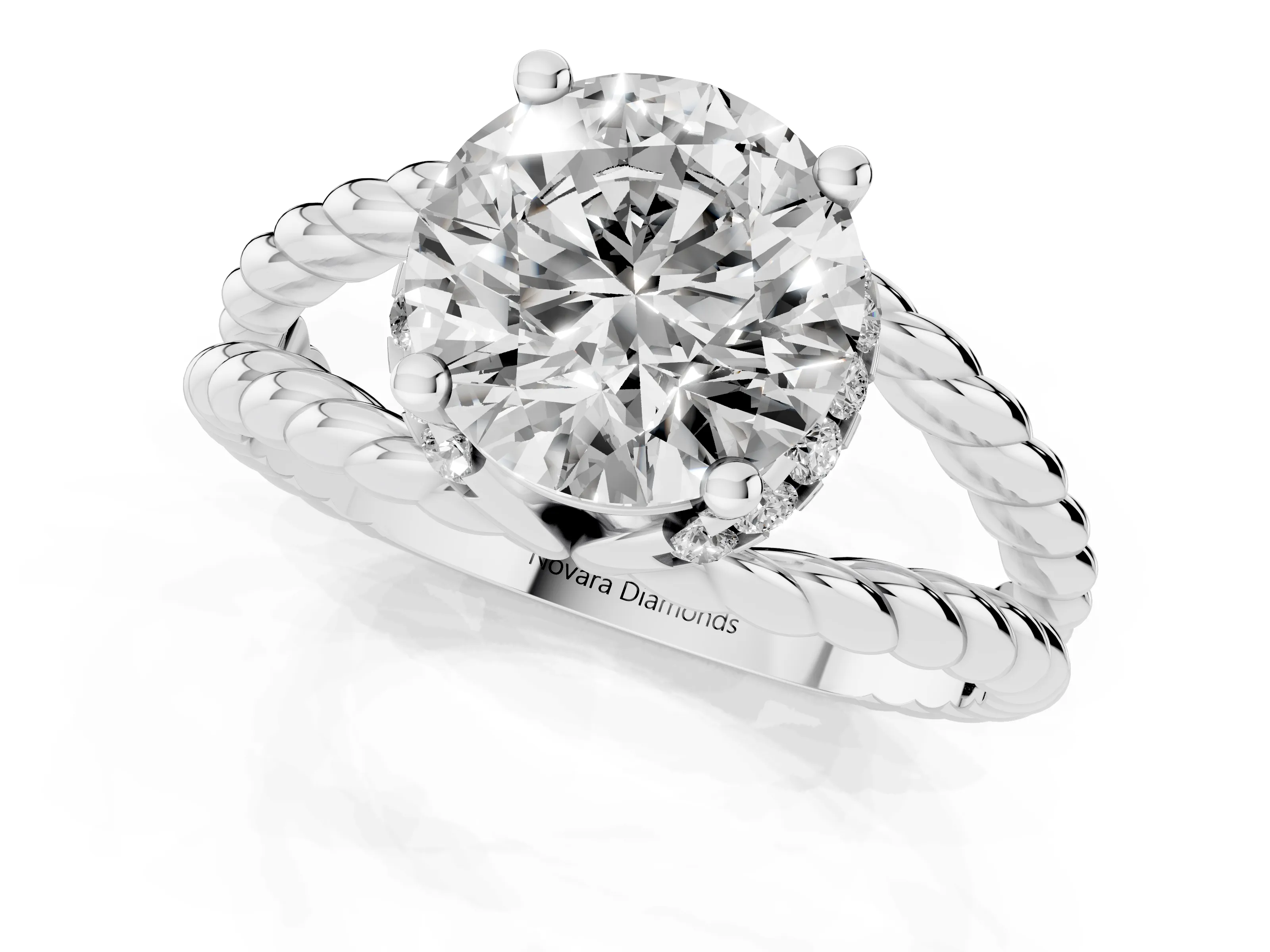 Round Cut Diamond Halo Ring Set in White gold with Twisted Band and Prong Setting