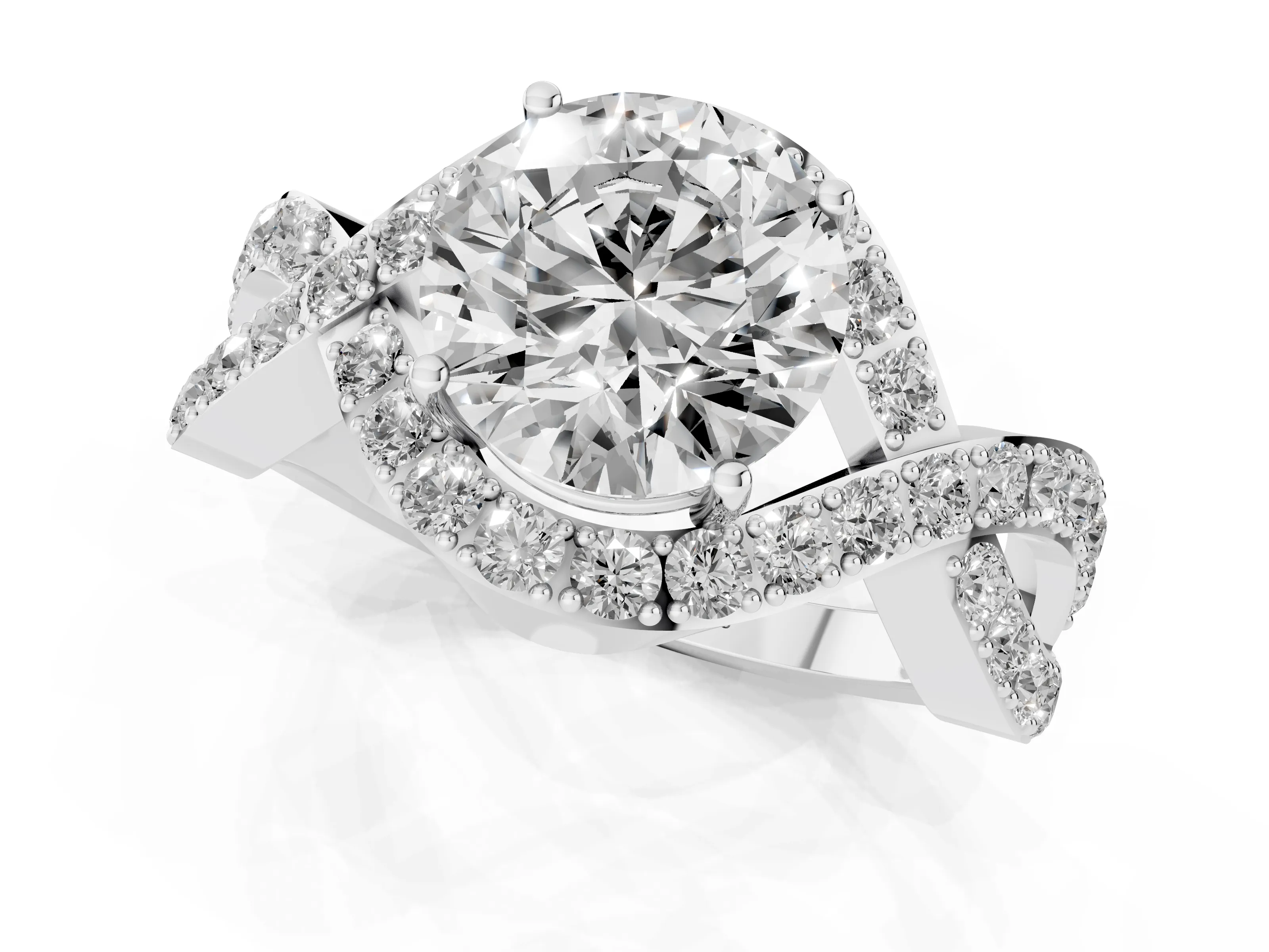 Round Cut Diamond Solitaire Twist Band Pavé Engagement Ring Set in White gold