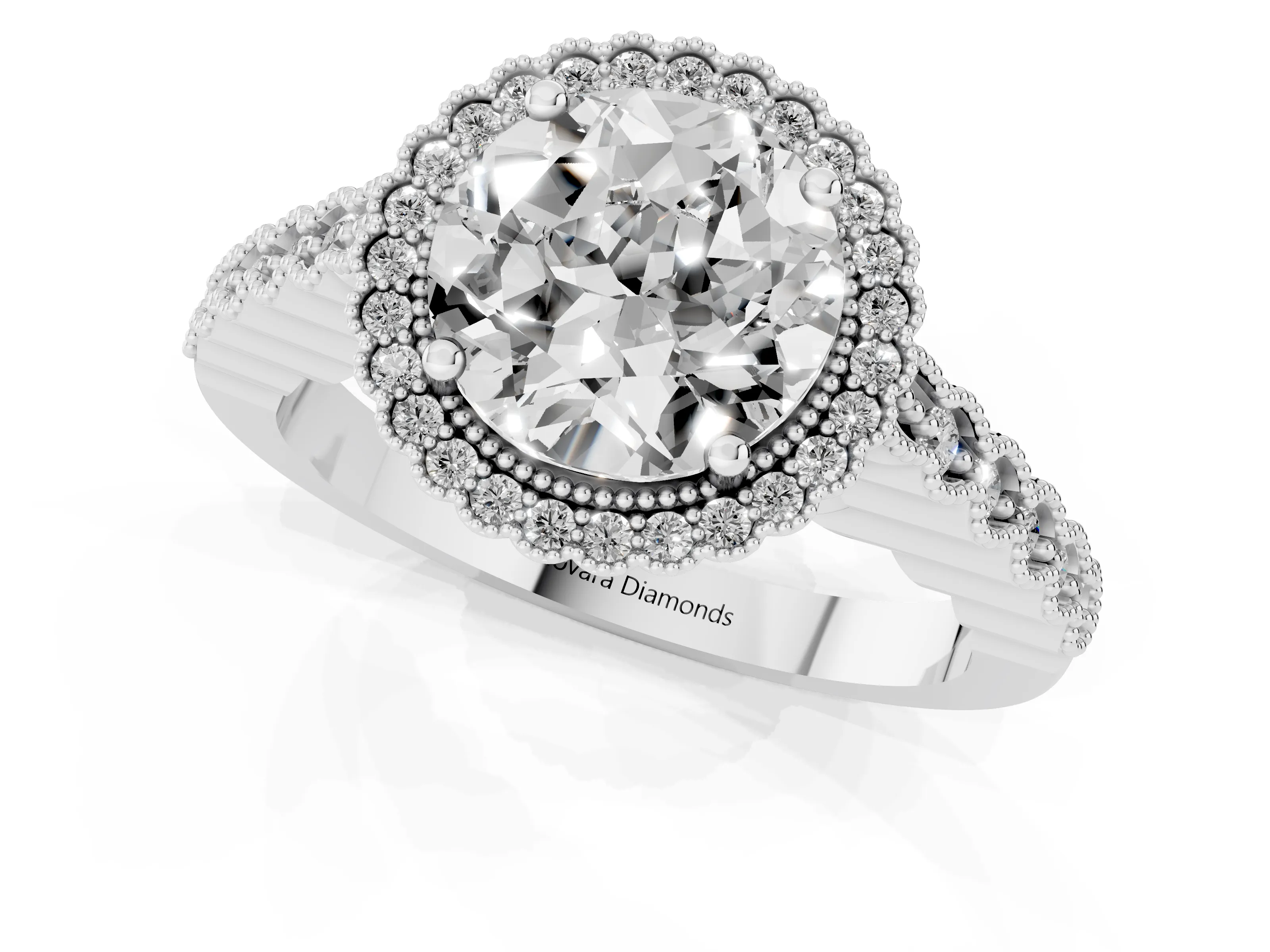 Round Cut Diamond Halo Ring Set in White gold with Pavé Milgrain Band