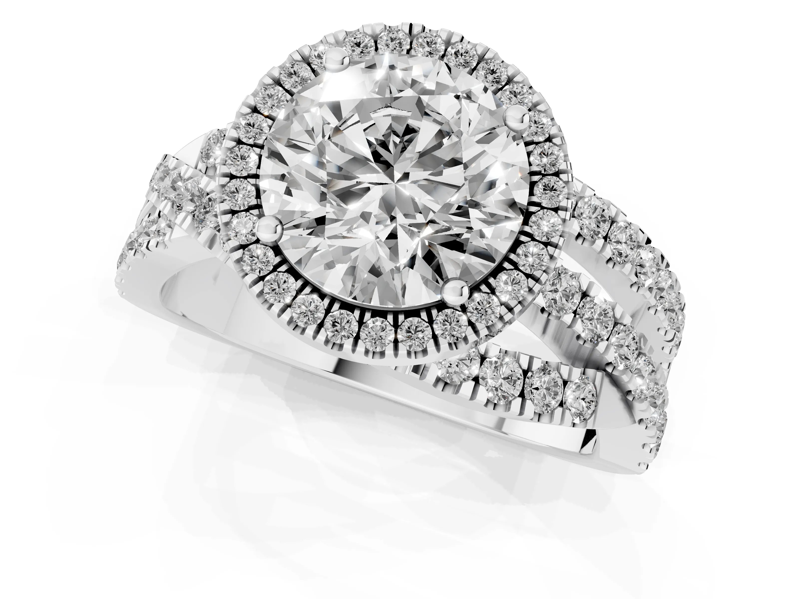 Round Cut Diamond Halo Ring Set in White gold with Round Crossover Split Shank and Prong Setting