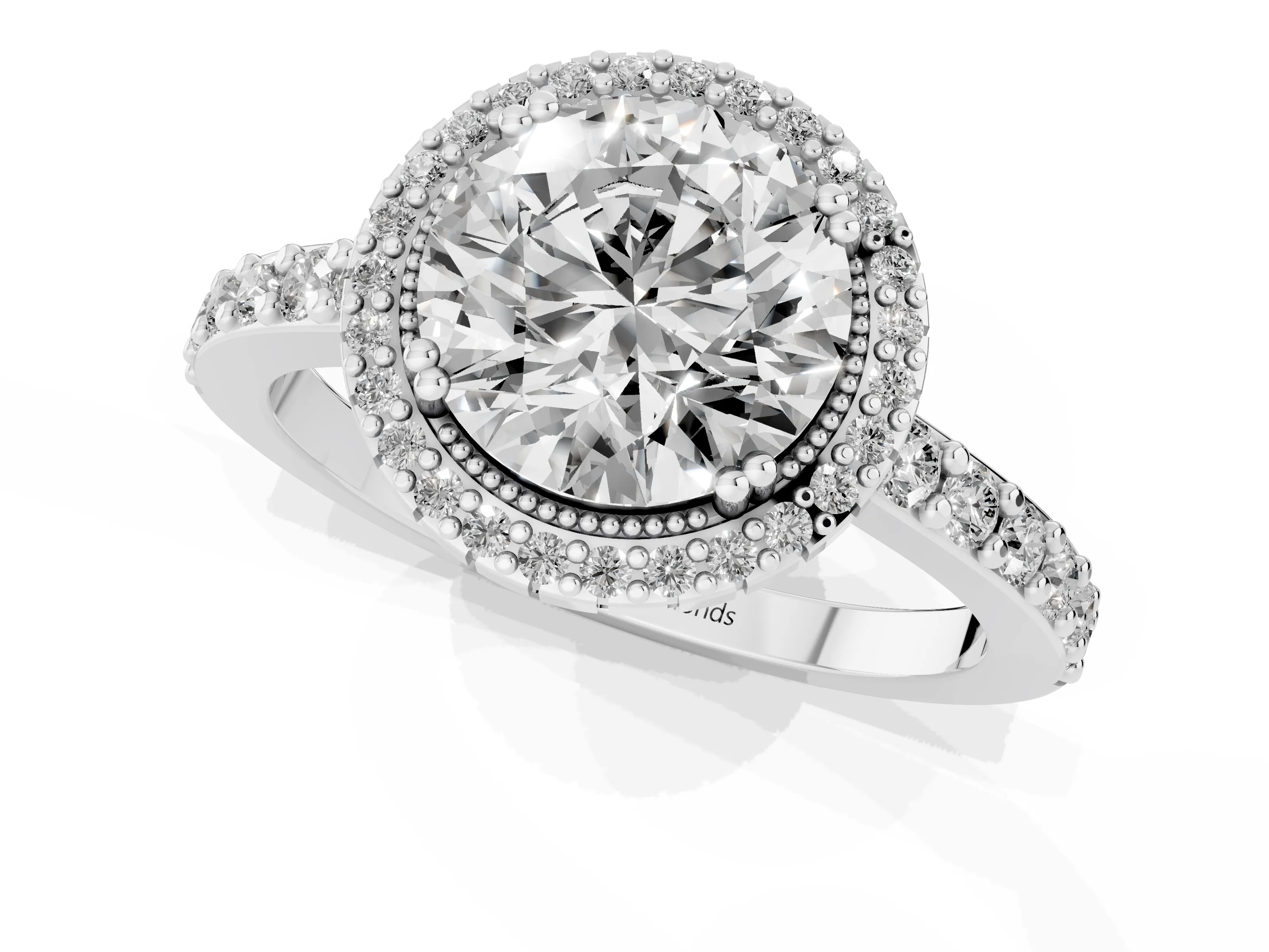 Round Cut Diamond Halo Engagement Ring Set in Platinum with Milgrain Detail and Pavé Band