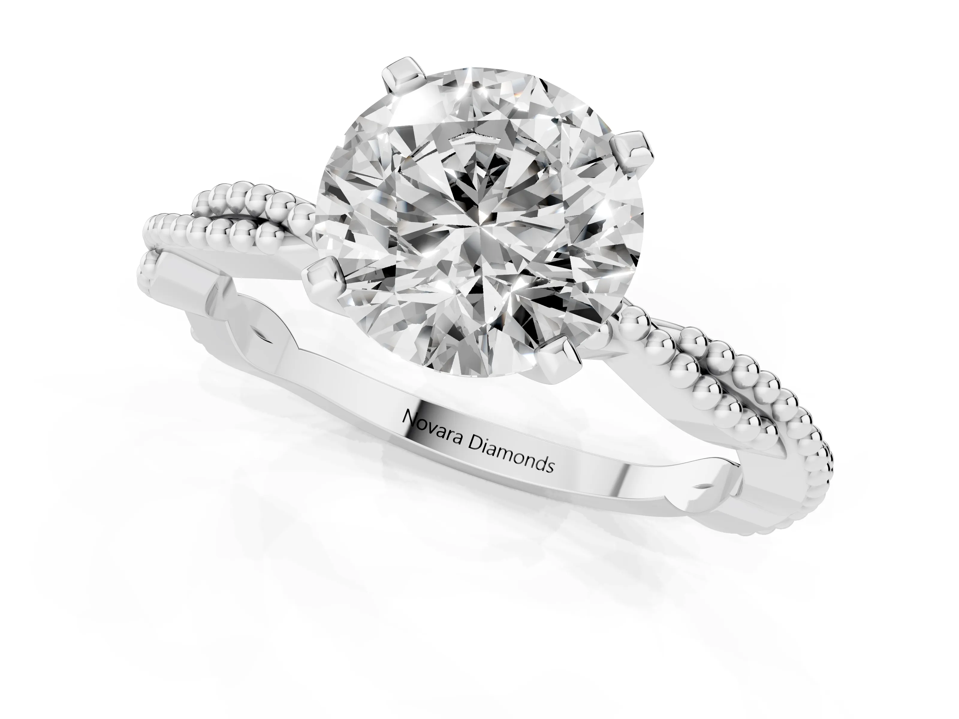 Round Cut Diamond Solitaire Ring Set in Platinum with Twisted Band and Bead Prong Setting