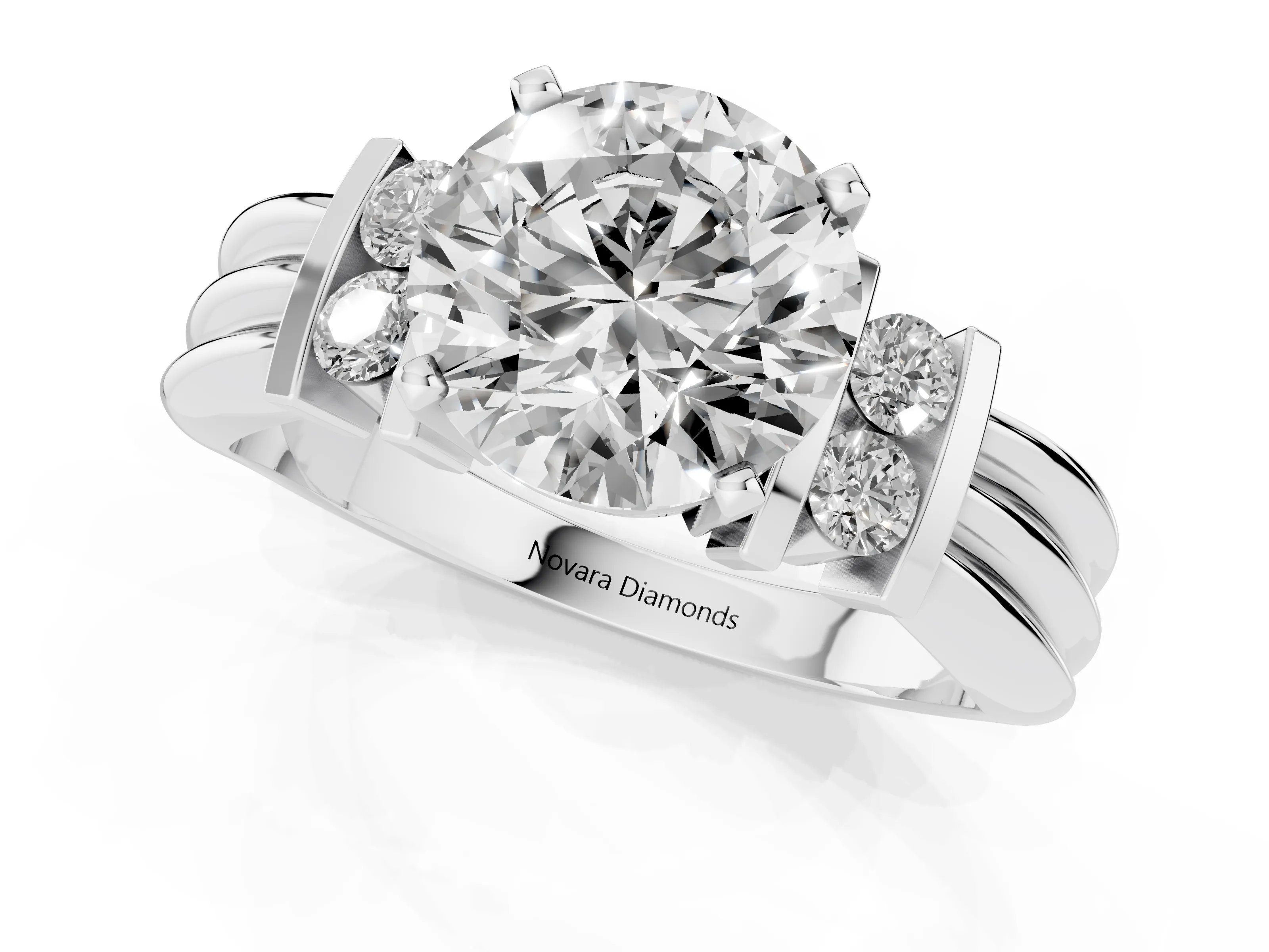 Three-Stone Round Cut Diamond Channel Set Ring Set in Silver with Bar Prongs