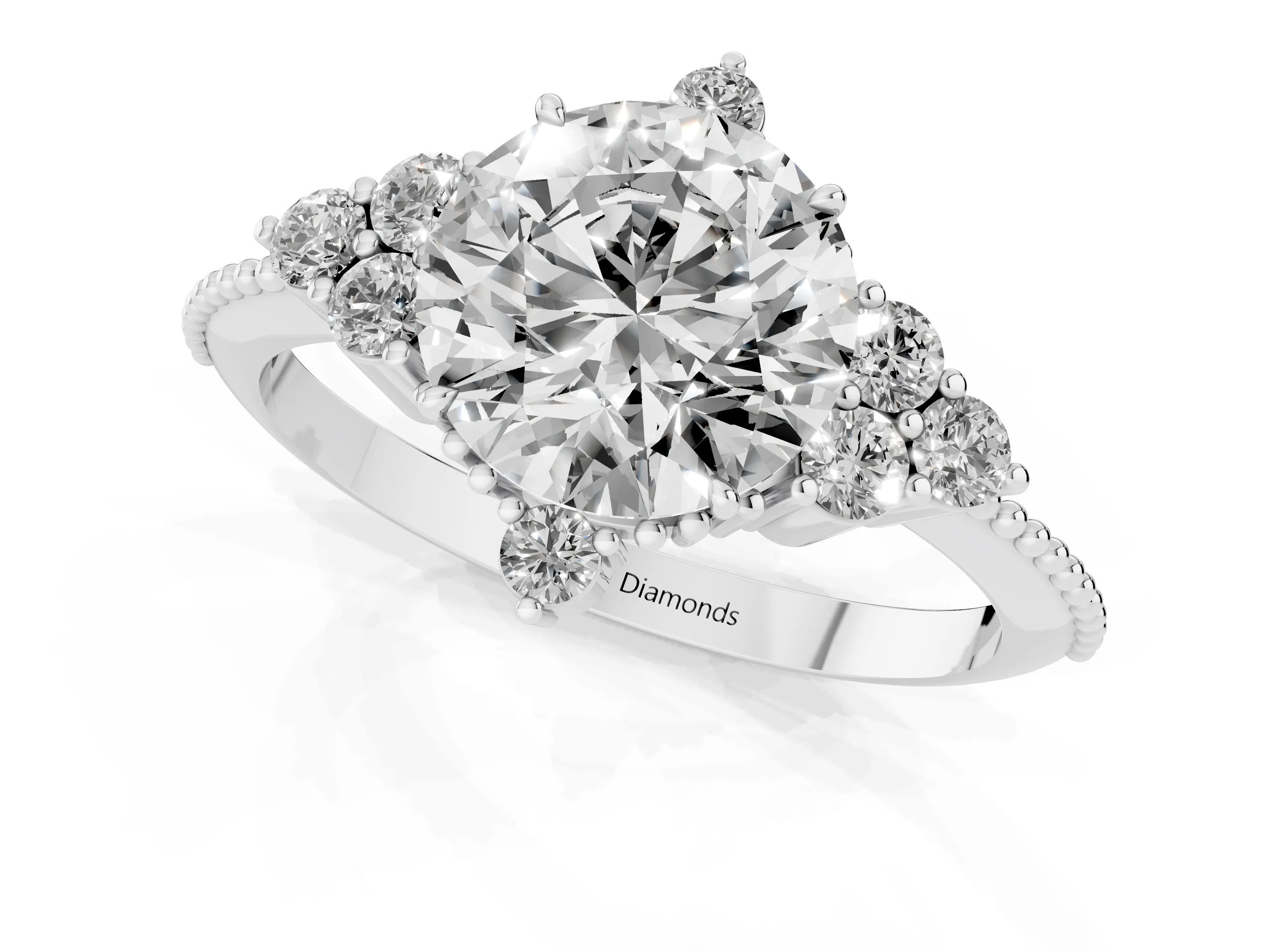 Round Cut Diamond Cluster Ring Set in Platinum with Beaded Band