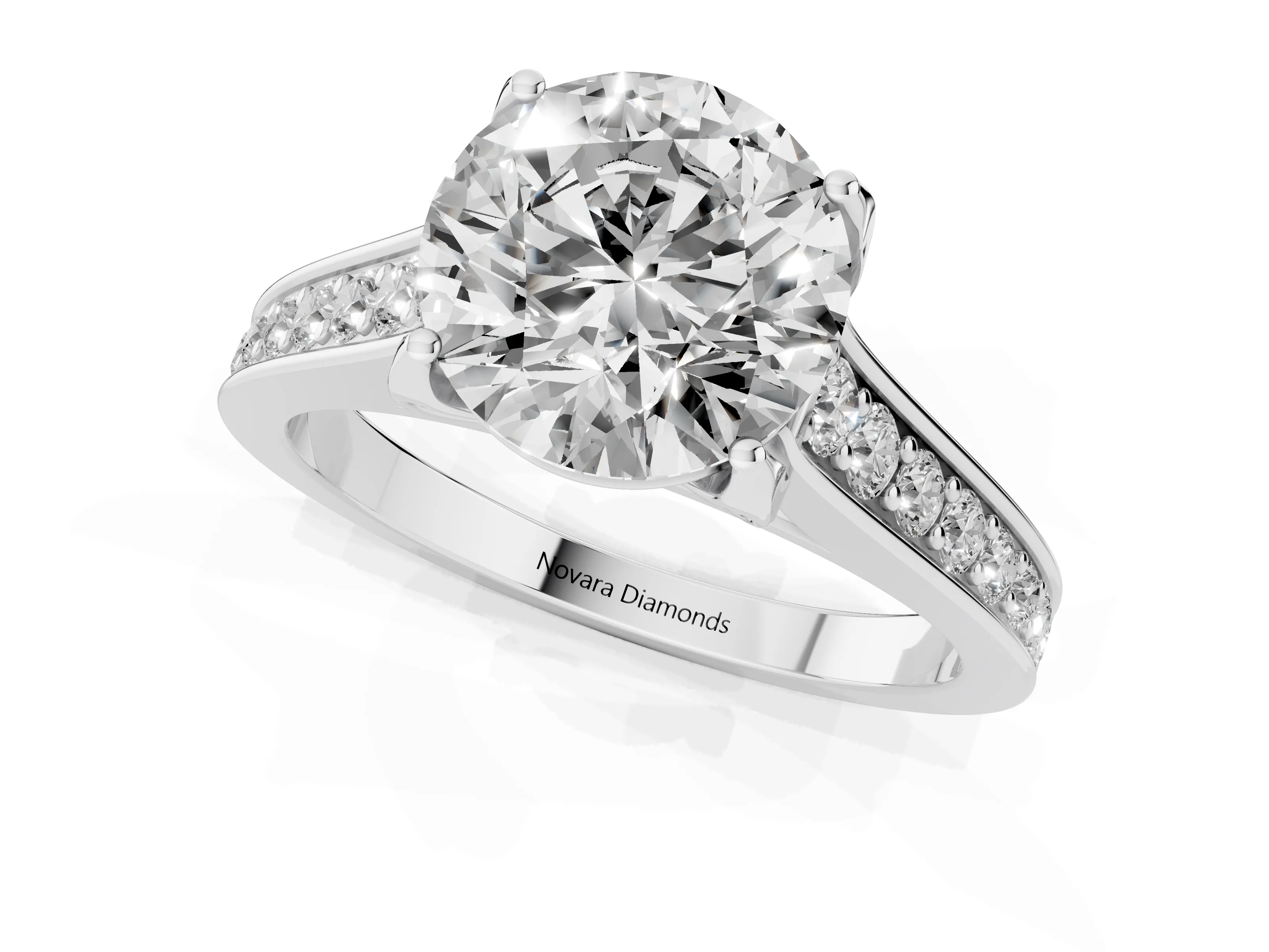 Round Cut Diamond Solitaire Pavé Engagement Ring Set in Silver with Prong Setting