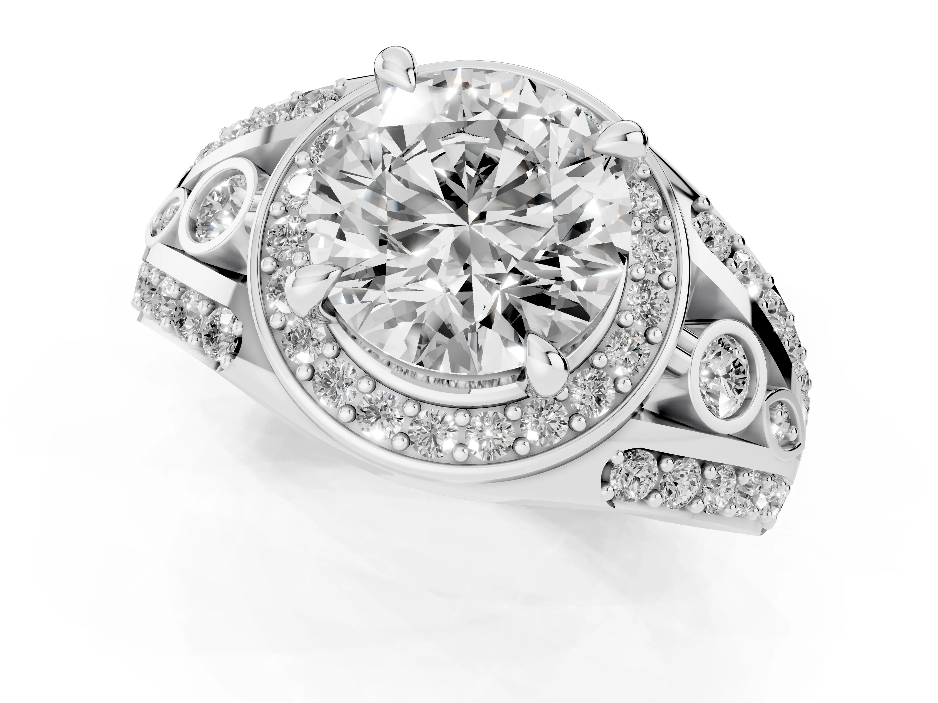 Round Cut Diamond Halo Ring Set in Silver with Pavé Split Shank and Bezel Accents
