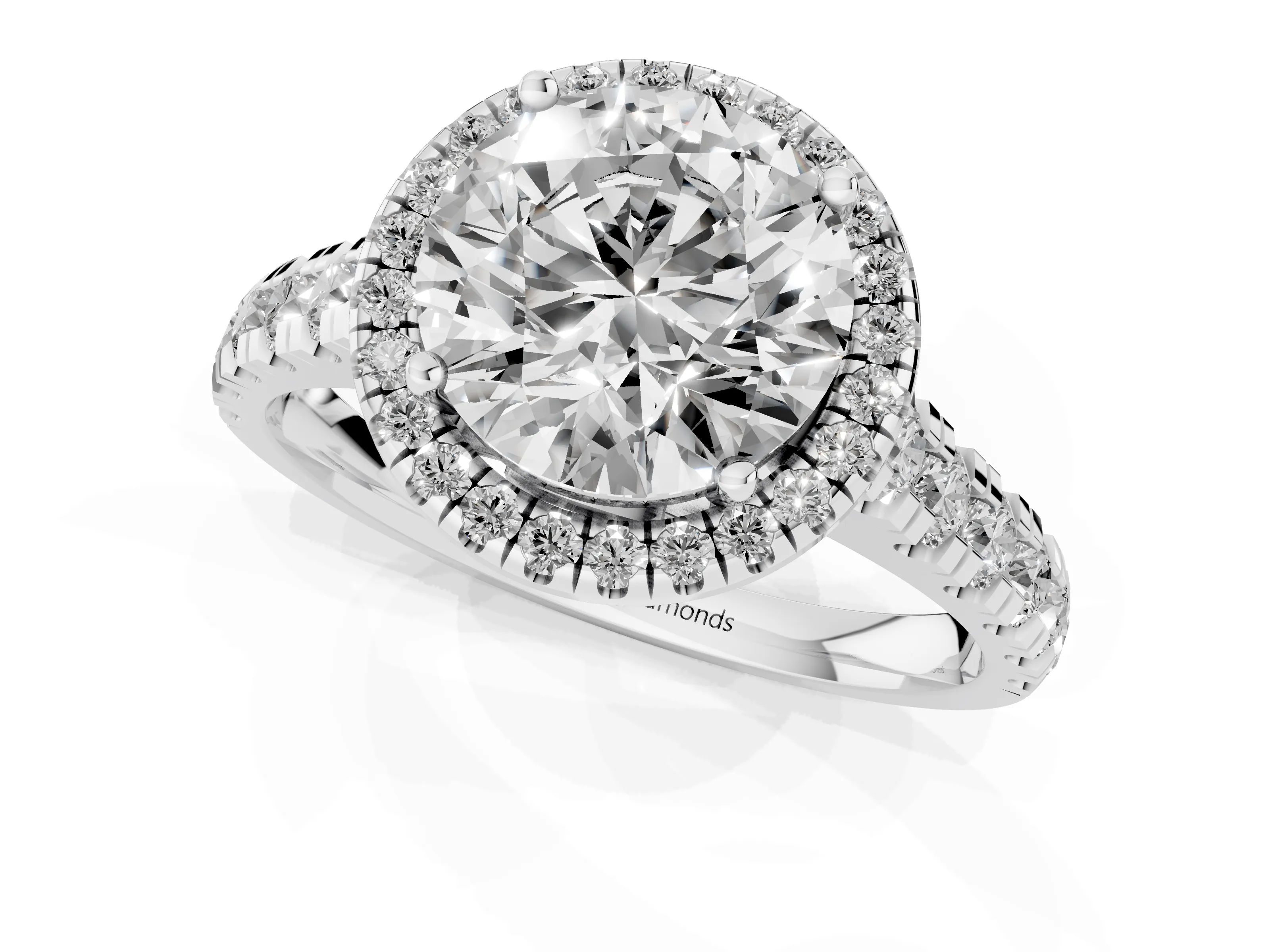 Round Cut Diamond Halo Engagement Ring Set in White gold with Pavé Band and Prong-Set Center