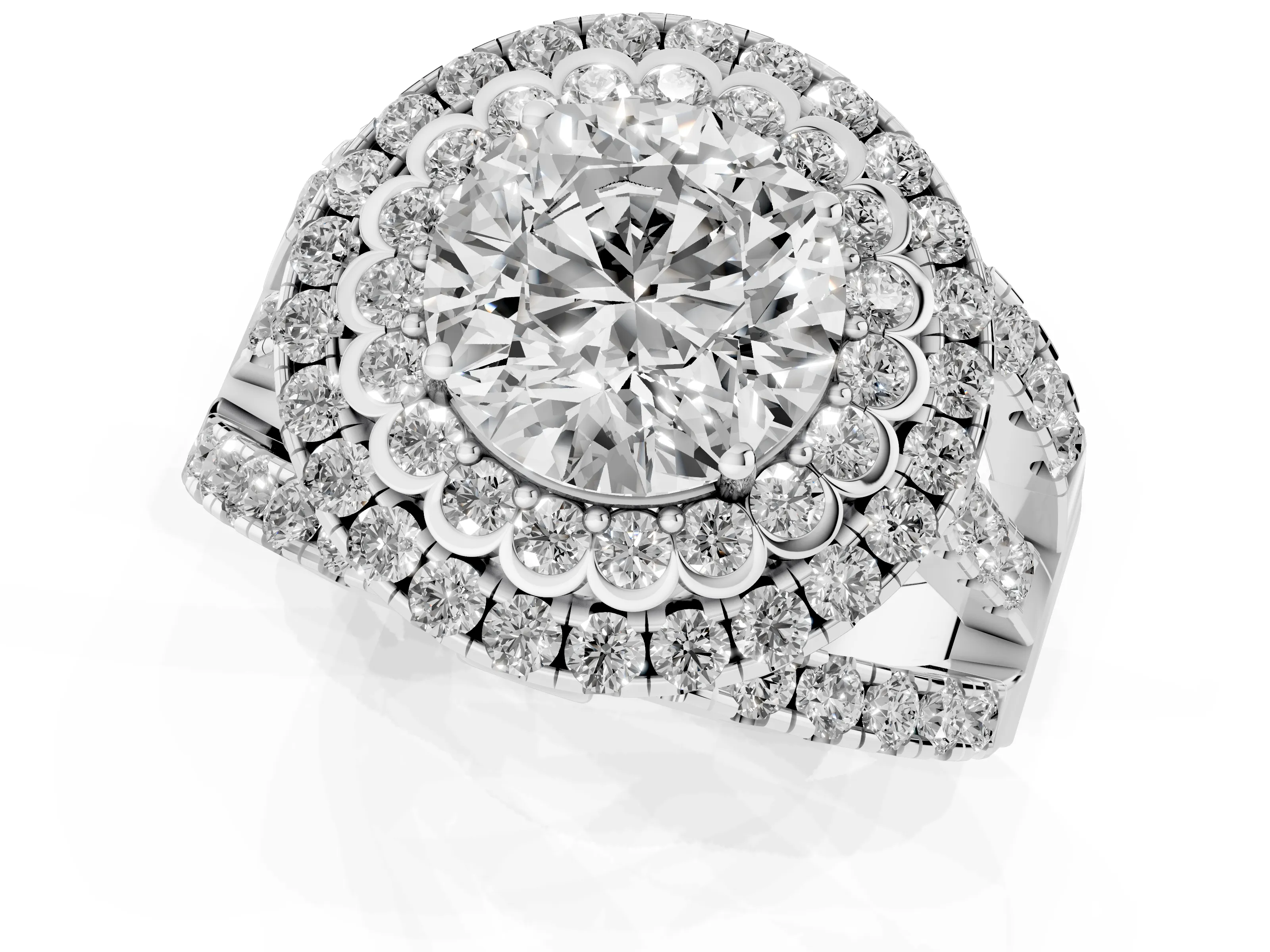 Round Cut Diamond Double Halo Ring Set in White gold with Round Pavé Split Shank