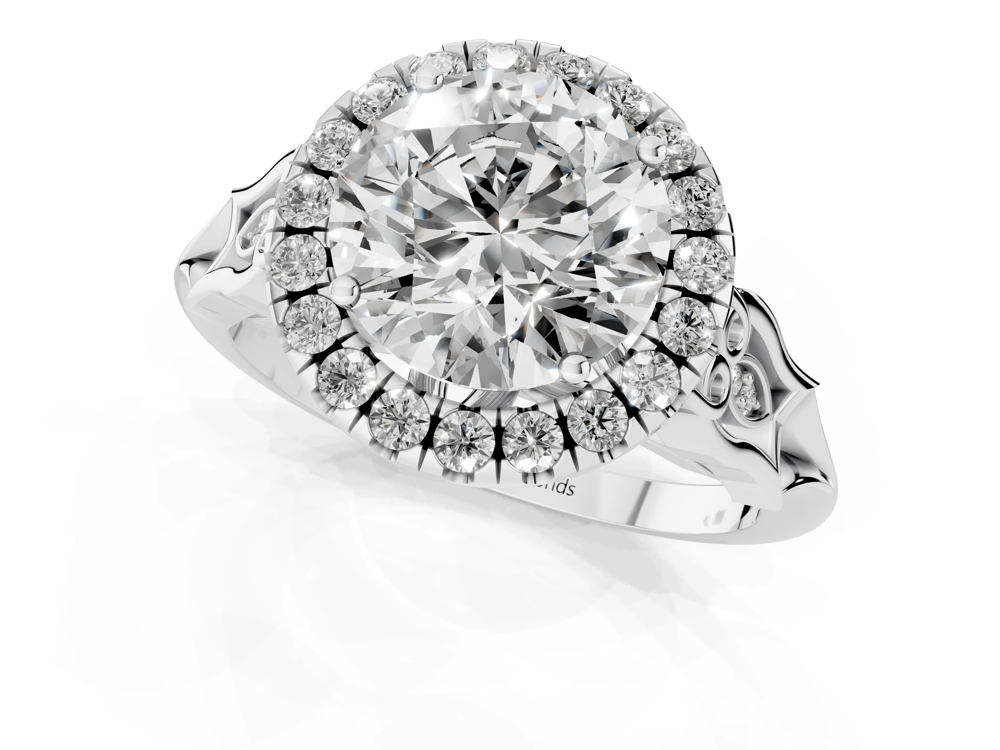 Round Cut Diamond Halo Engagement Ring Set in White gold with Filigree Band and Prong-Set Center