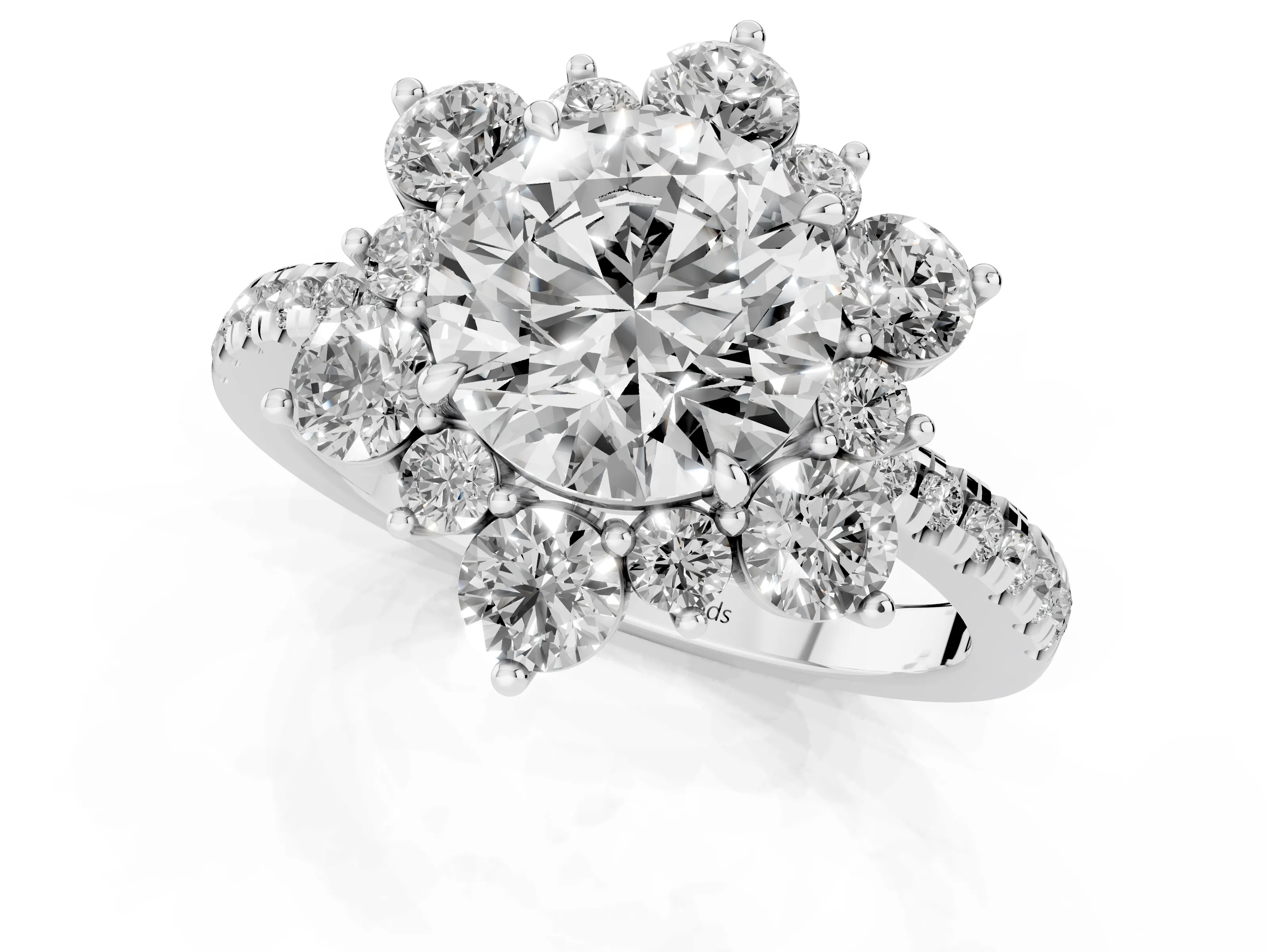 Round Cut Diamond Floral Halo Ring Set in White gold with Round Pavé Band and Prong Setting