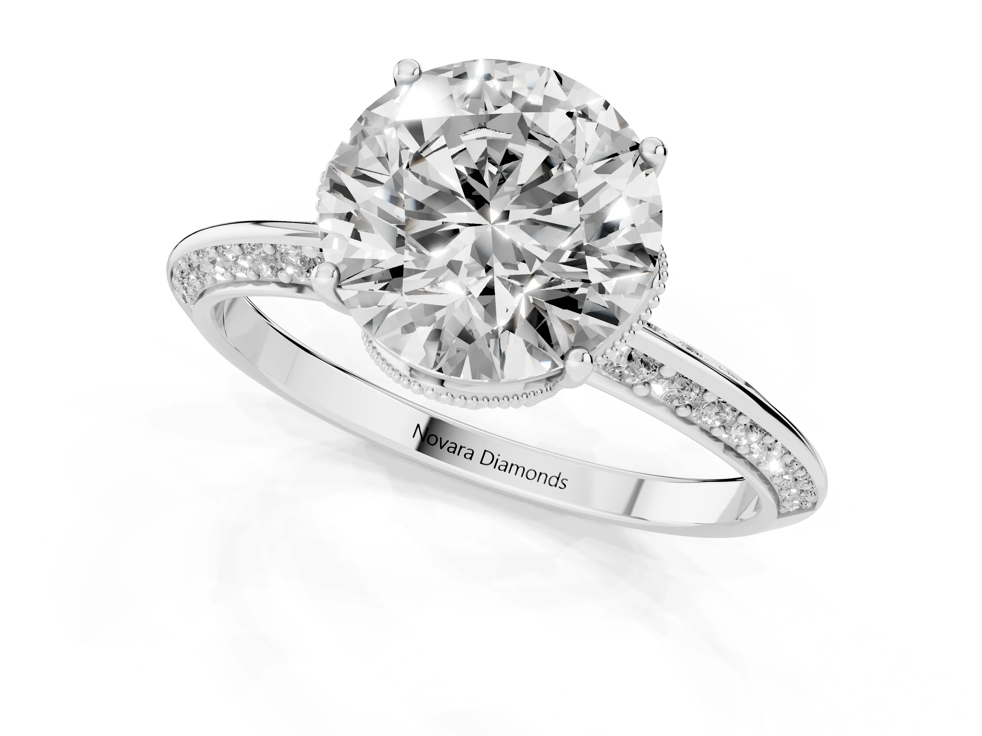 Round Cut Diamond Solitaire Engagement Ring Set in Silver with Pavé Split Shank and Prong Setting