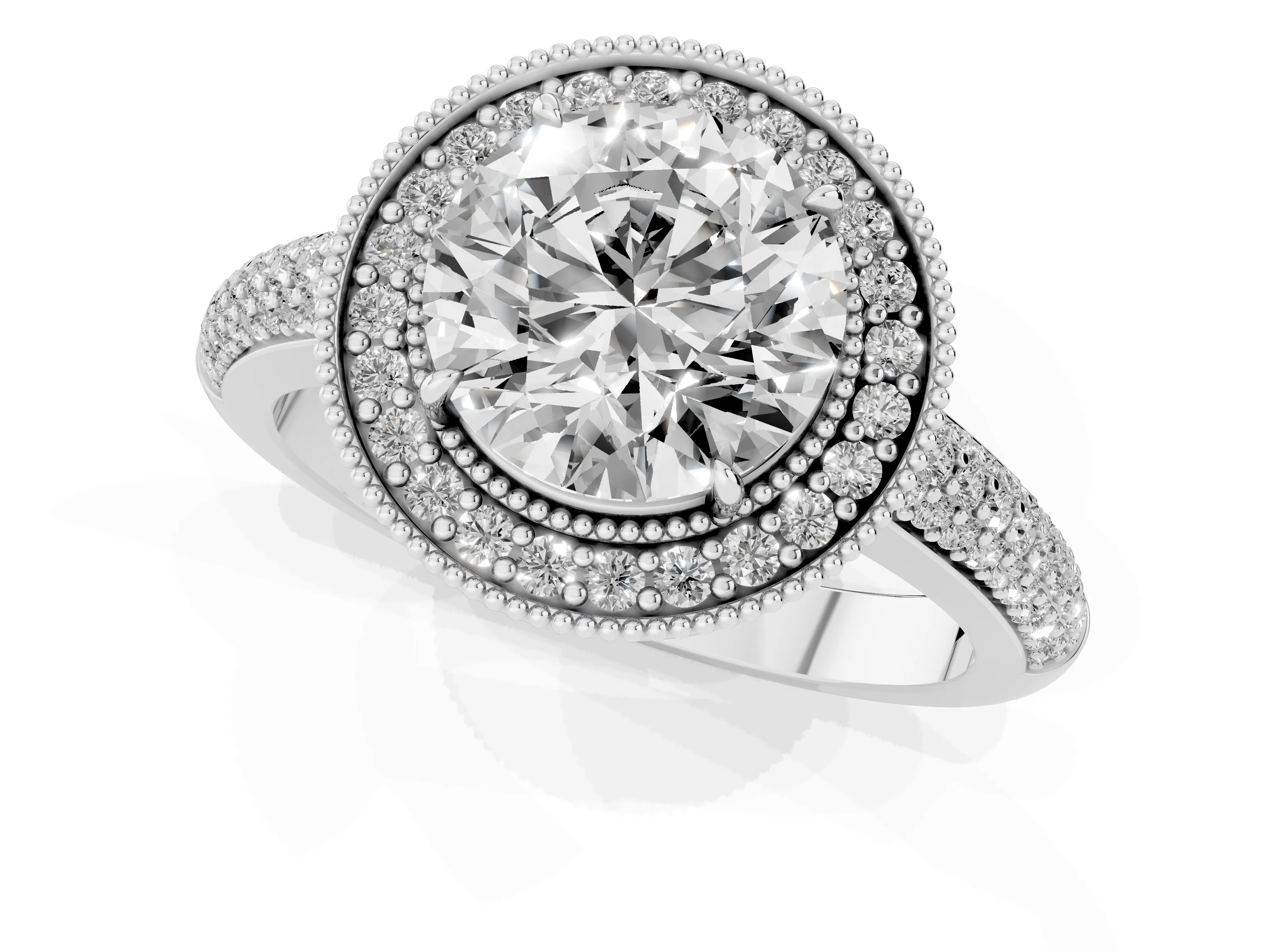 Round Cut Diamond Halo Pavé Band Set in Silver with Prong Setting