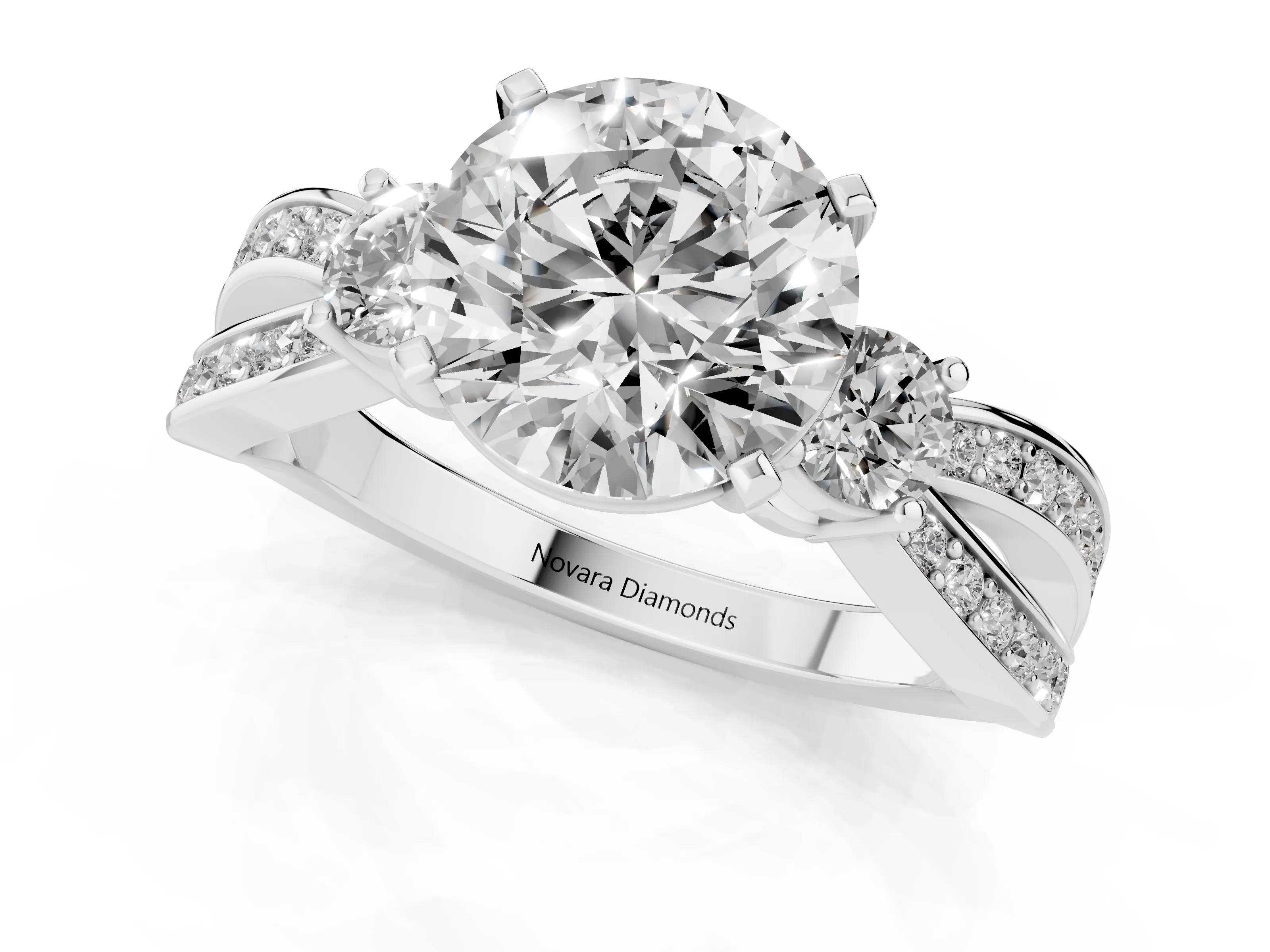 Three-Stone Round Cut Diamond Twist Band Ring Set in Platinum with Pavé Accents and Prong Setting – second view