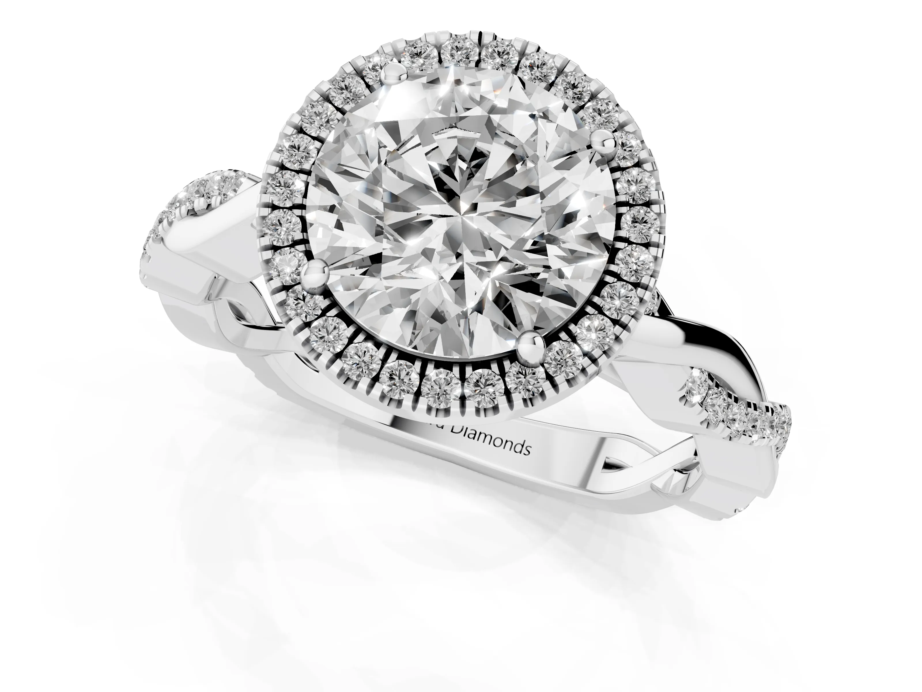 Round Cut Diamond Halo Twisted Band Ring Set in White gold with Prong Setting
