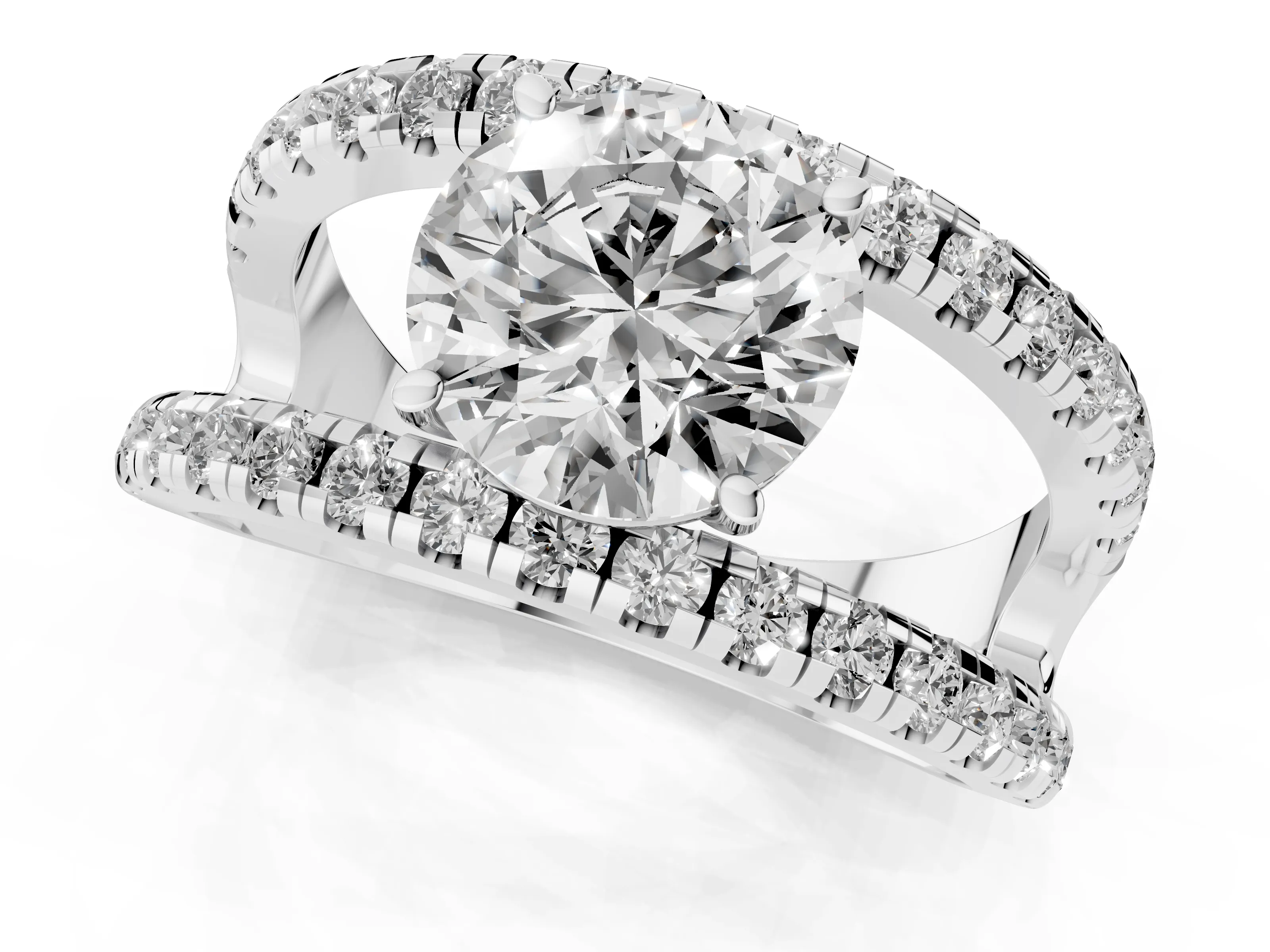 Round Cut Diamond Split Shank Pavé Solitaire Ring Set in White gold with Open Shank Design