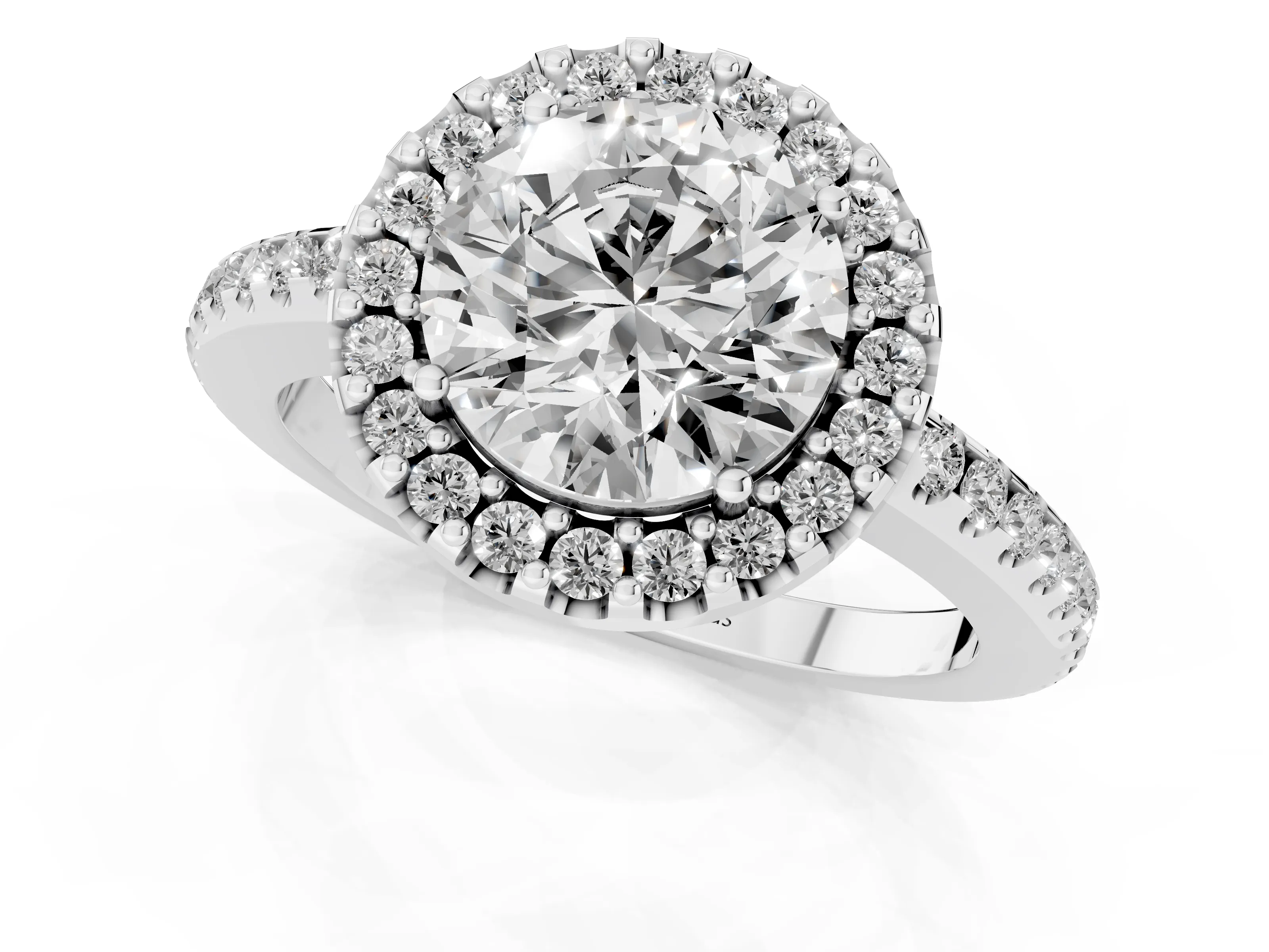 Round Cut Diamond Pavé Halo Ring Set in Platinum with Prong Setting