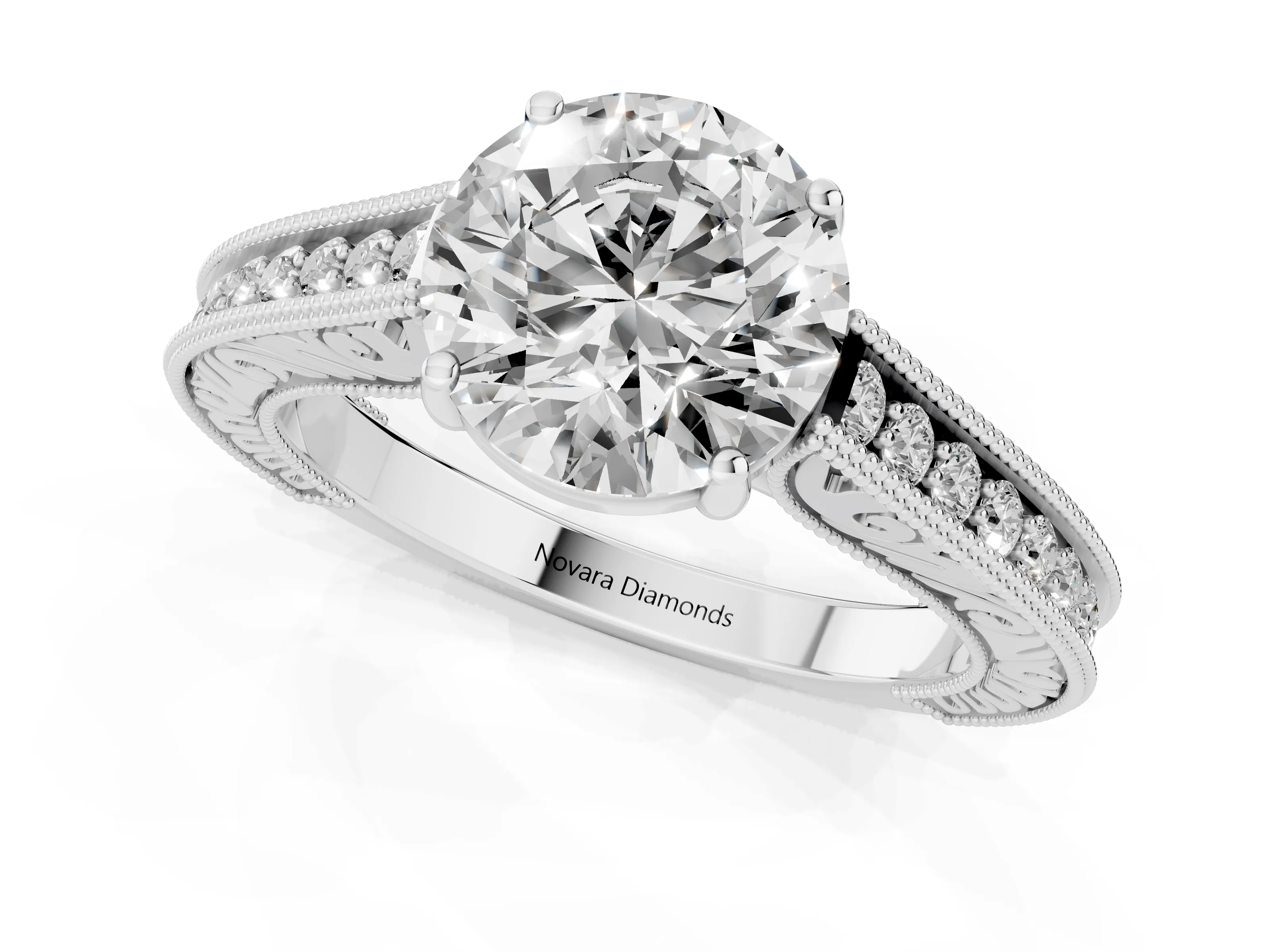 Round Cut Diamond Milgrain Pavé Band Solitaire Ring Set in Silver with Prong Setting
