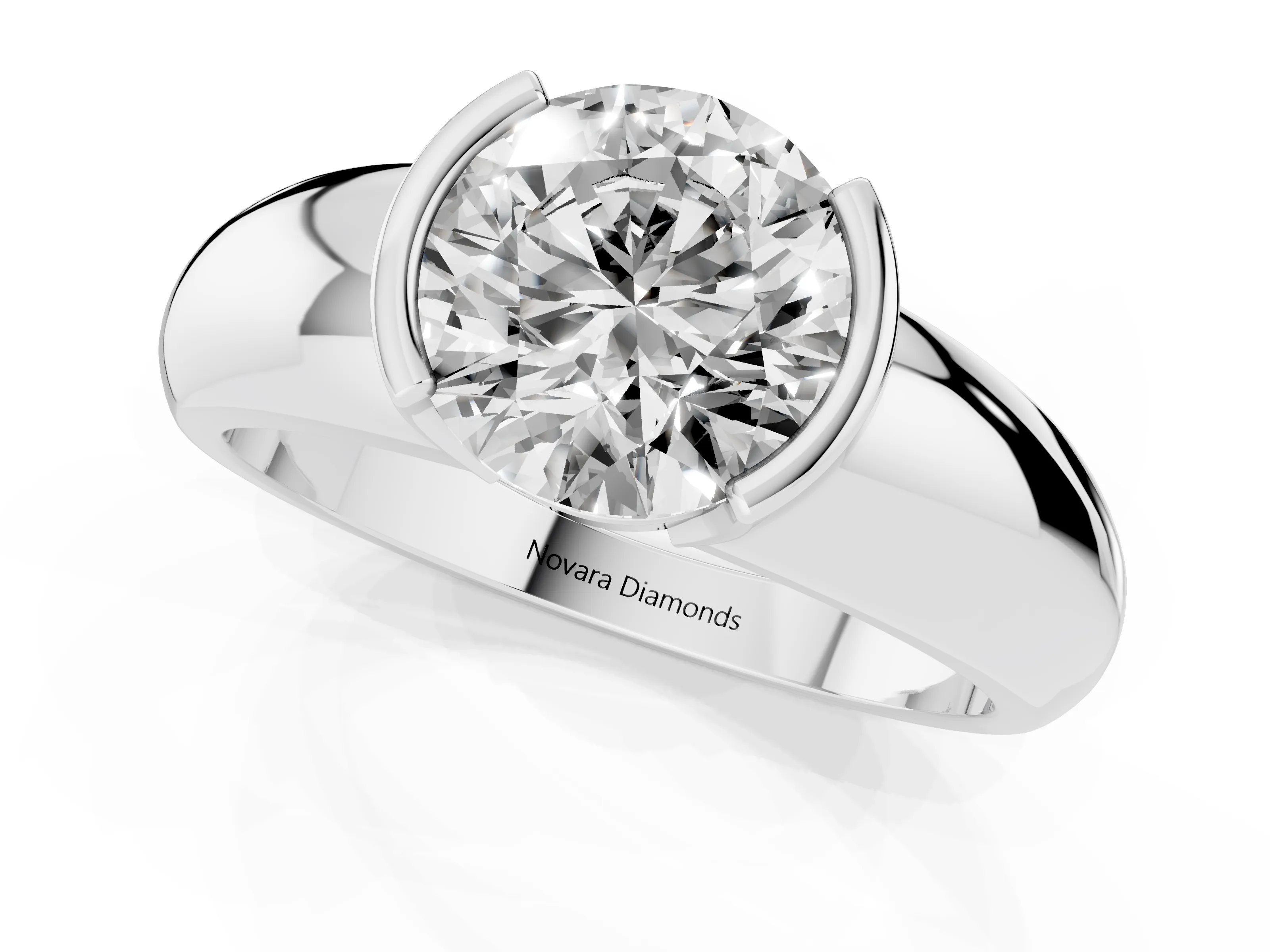 Round Cut Diamond Solitaire Tension Set Ring Set in Platinum with Wide Band