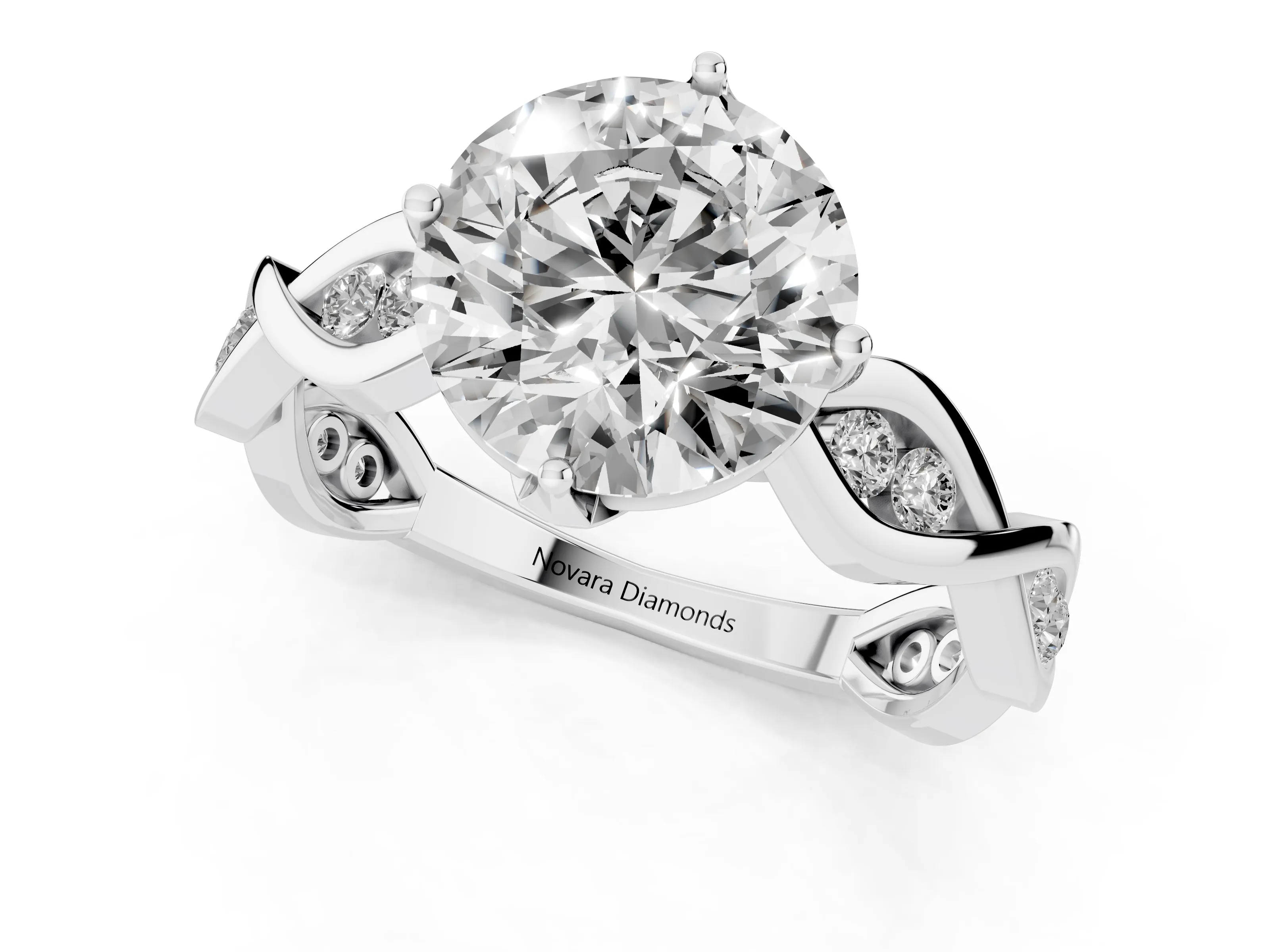 Round Cut Diamond Twist Band Solitaire Ring Set in Platinum with Leaf Prong Setting and Accent Stones