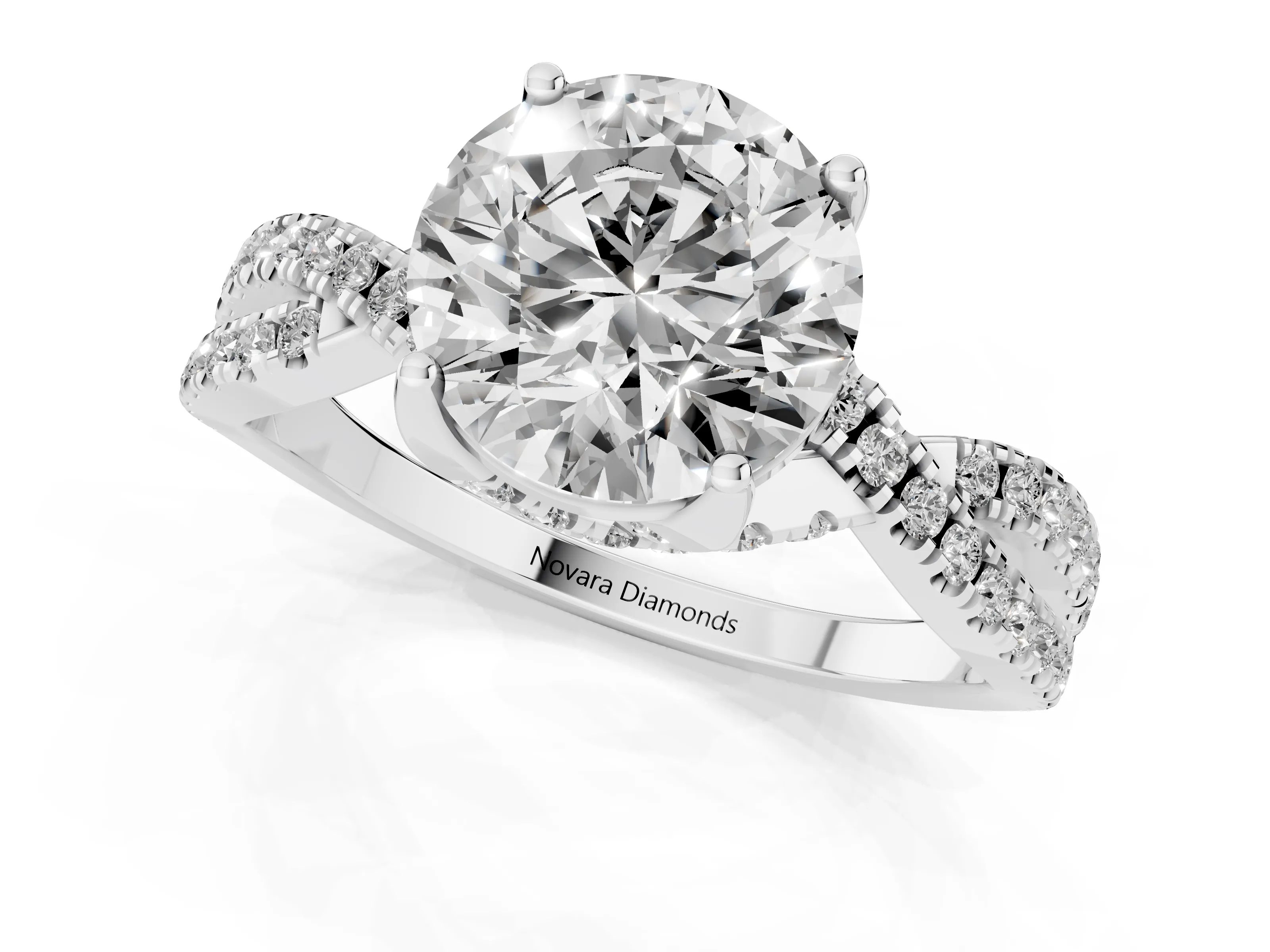 Round Cut Diamond Twist Pavé Solitaire Engagement Ring Set in Silver with Prong Setting