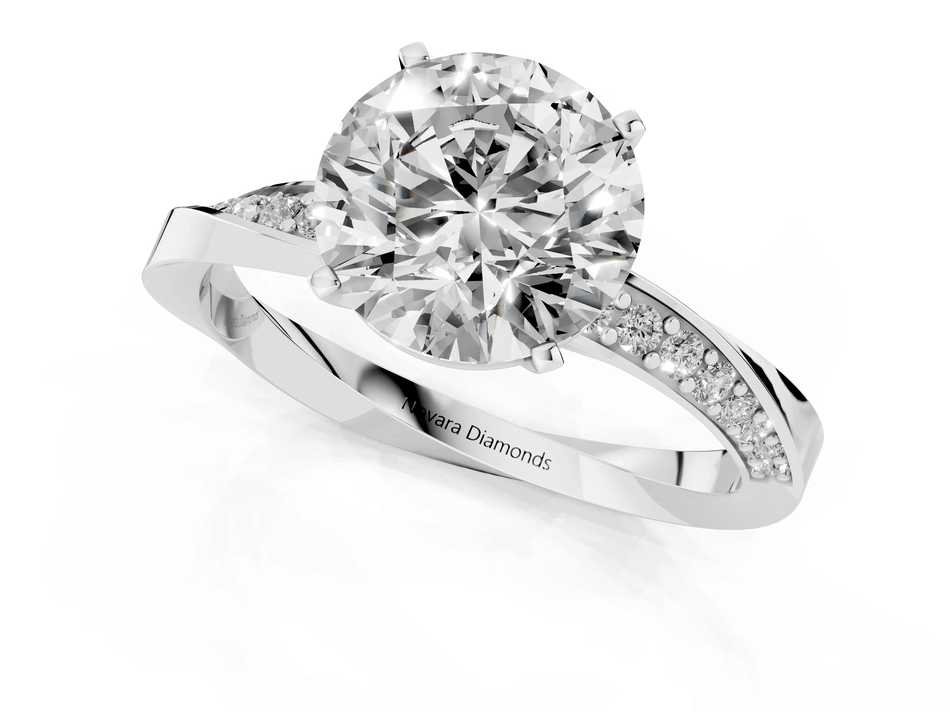 Round Cut Diamond Engagement Ring Set in White gold with Side Stone Accents and Prong Setting