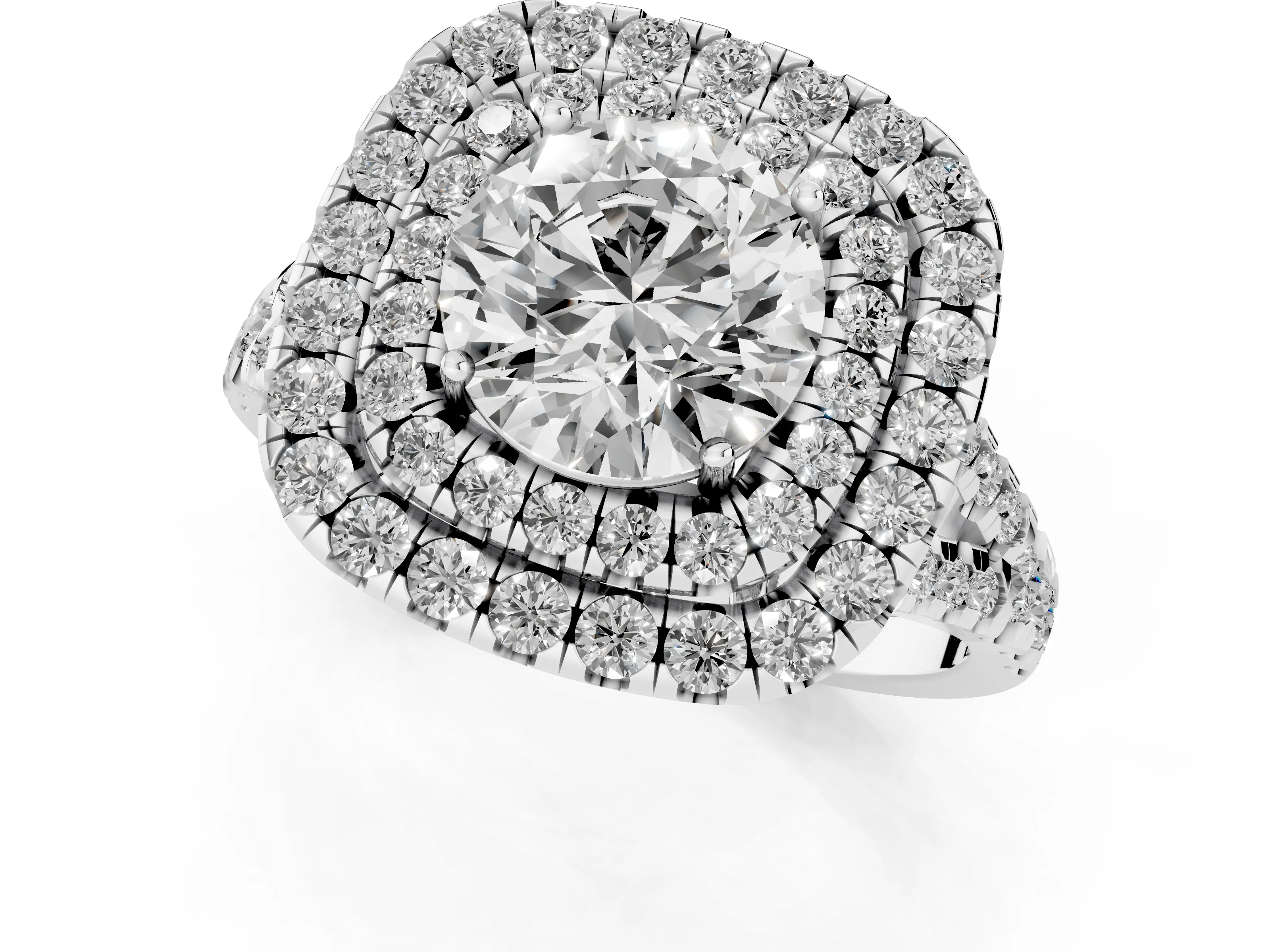 Round Cut Diamond Double Halo Ring Set in Silver with Pavé Split Shank and Prong Setting