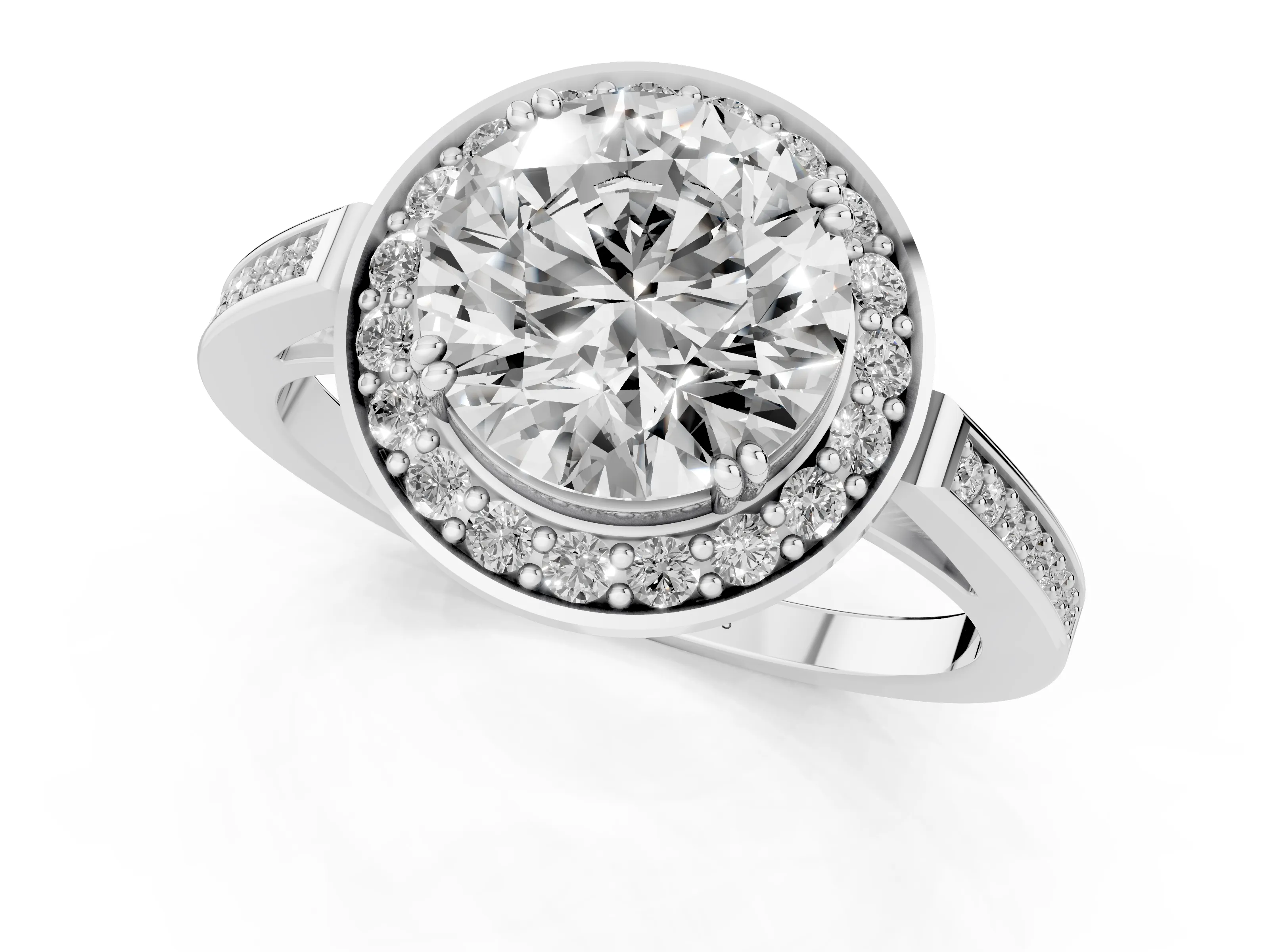 Round Cut Diamond Halo Ring Set in White gold with Accent-Lined Split Shank and Prong Setting – second view