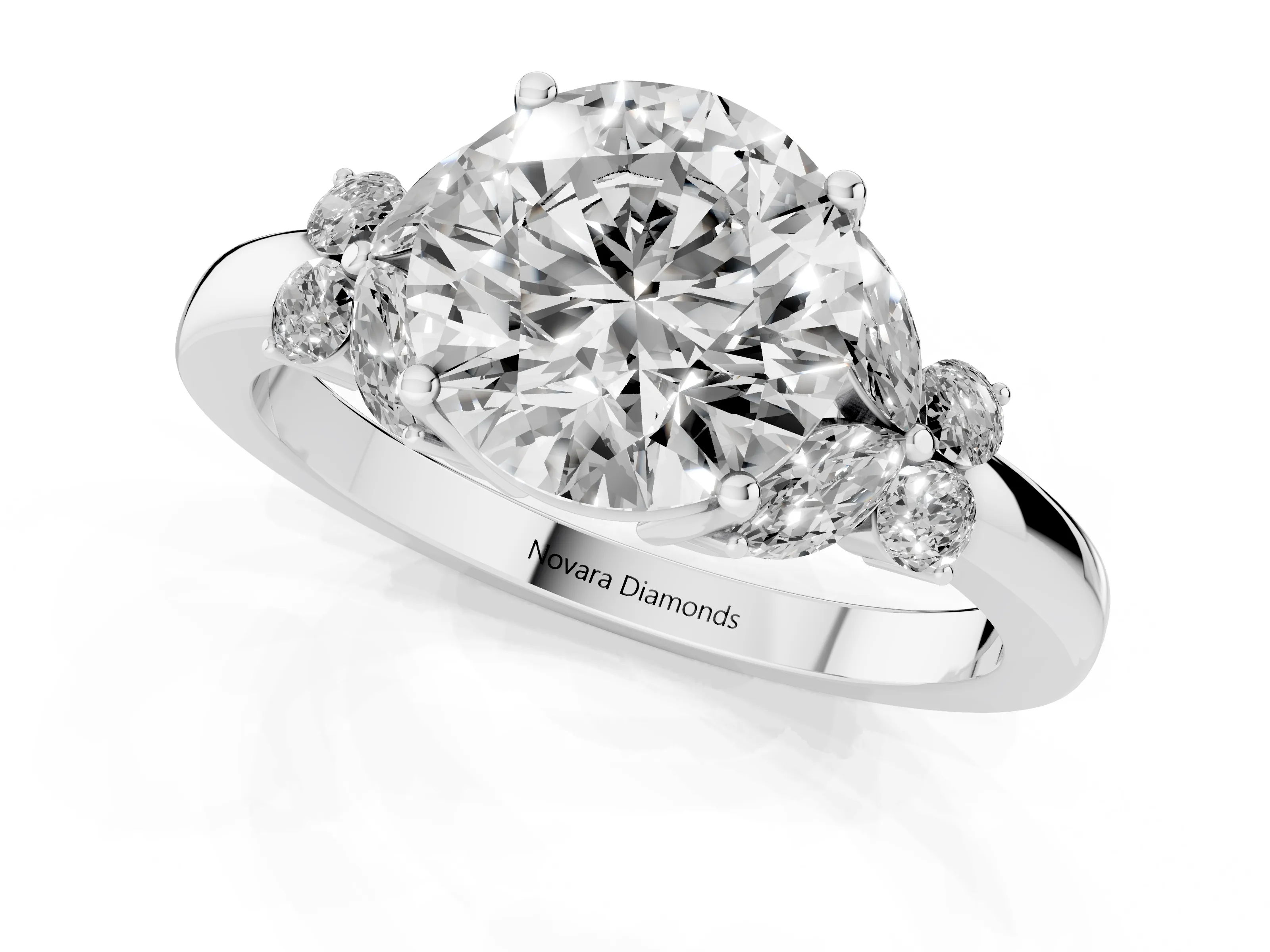 Round Cut Diamond Solitaire Floral Ring Set in Silver with Marquise Petals and Prong Setting