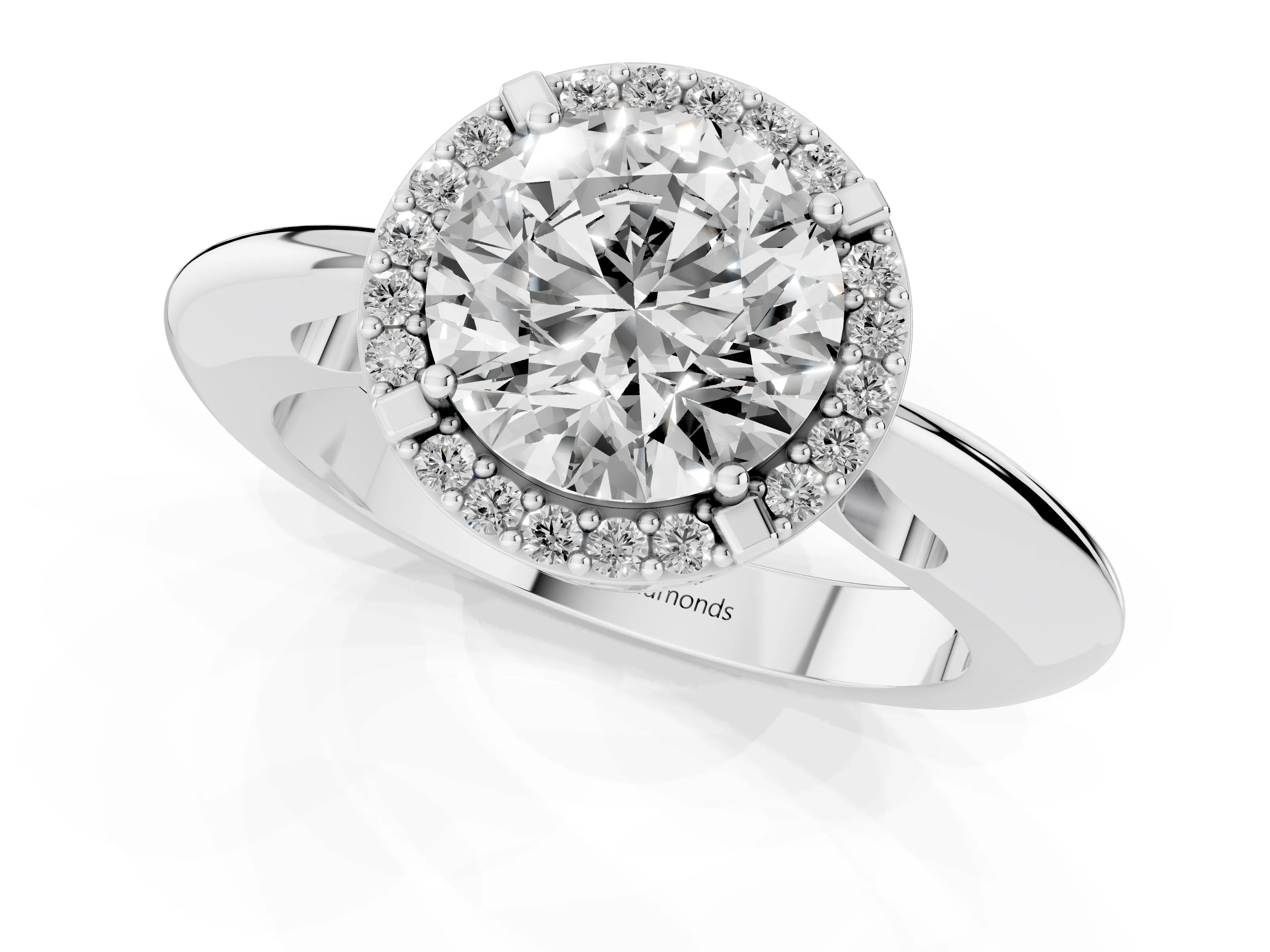 Round Cut Diamond Halo Engagement Ring Set in Platinum with Plain Split Shank and Prong Setting – second view