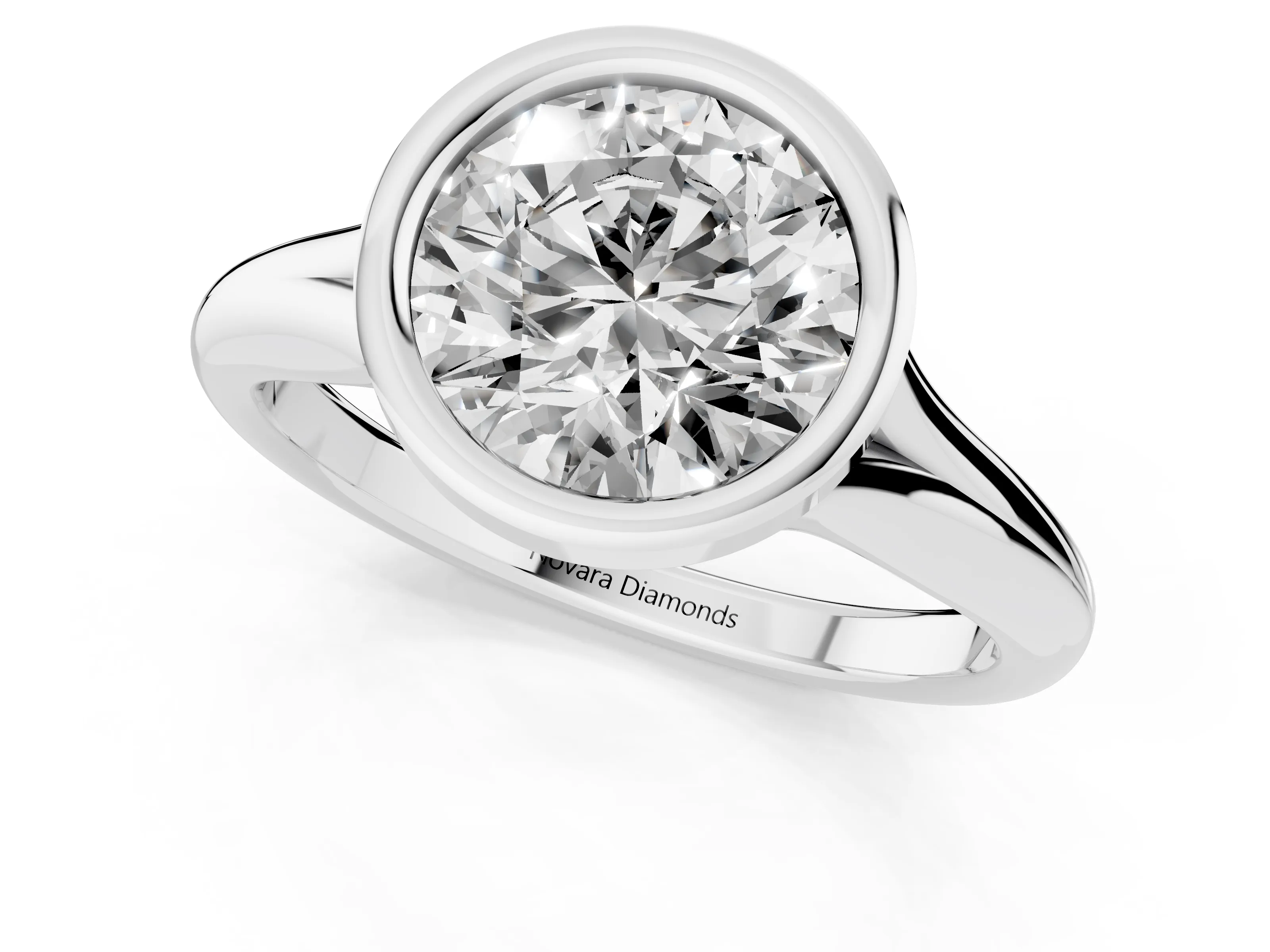 Bezel Set Round Cut Diamond Solitaire Ring Set in Platinum with Smooth Band