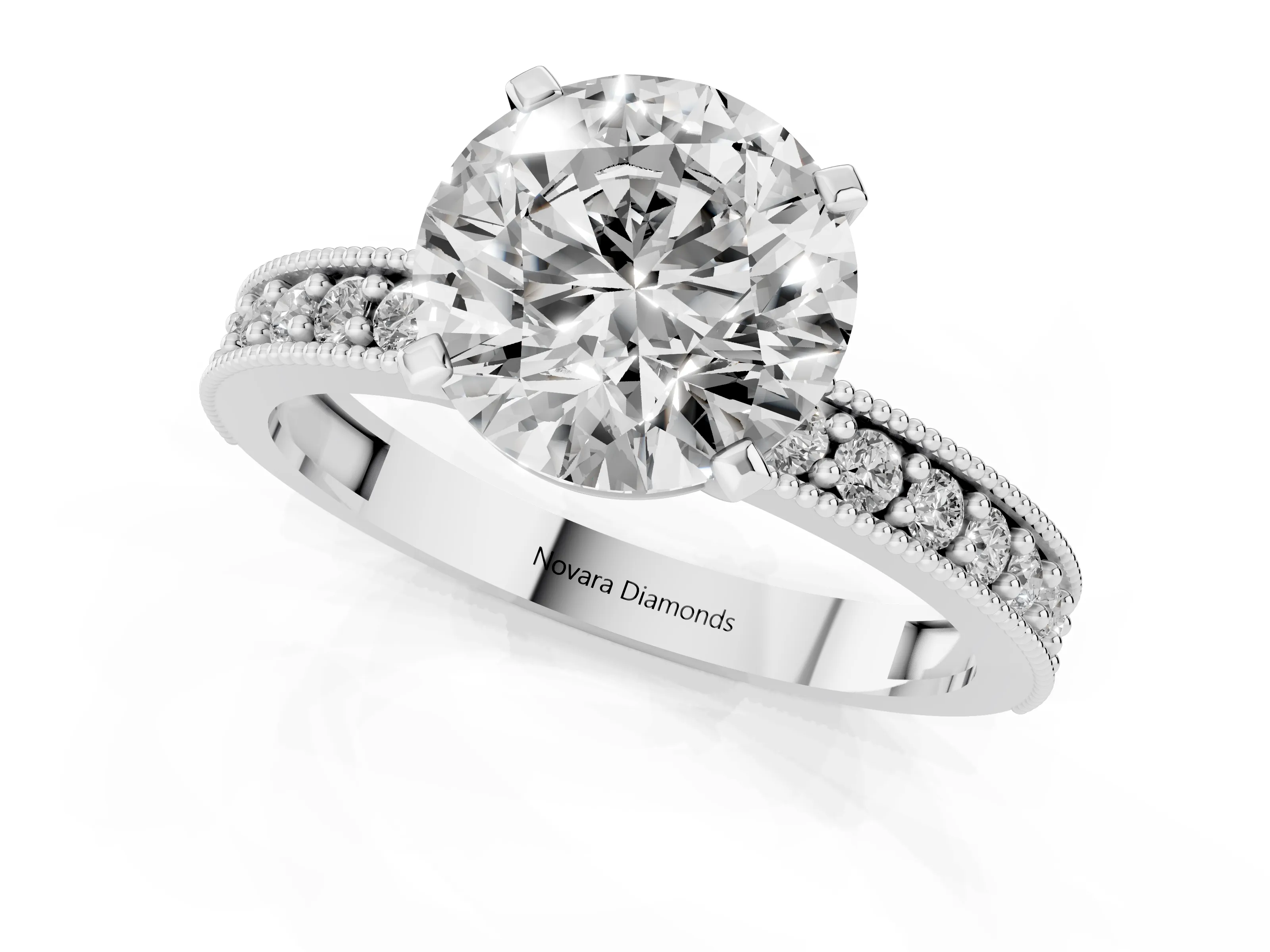 Round Cut Diamond Milgrain Pavé Engagement Ring Set in Platinum with Prong Setting