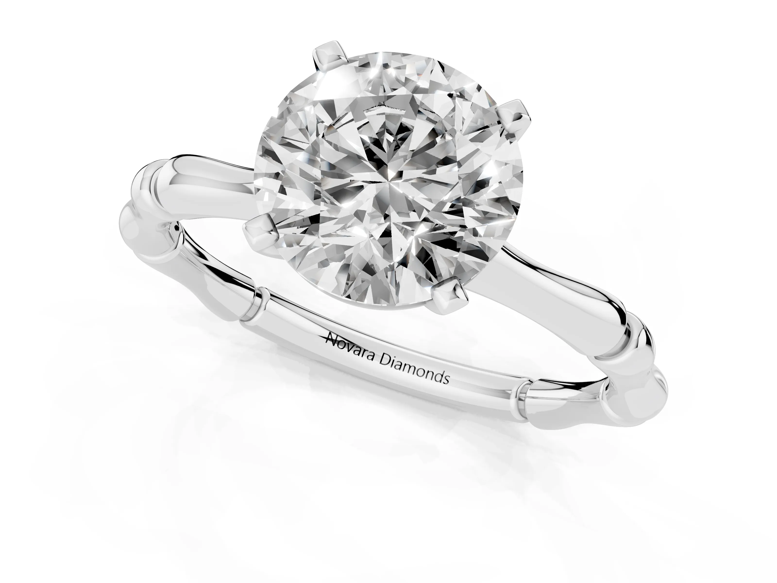 Round Cut Diamond Solitaire Ring Set in Silver with Bamboo Band and Prong Setting