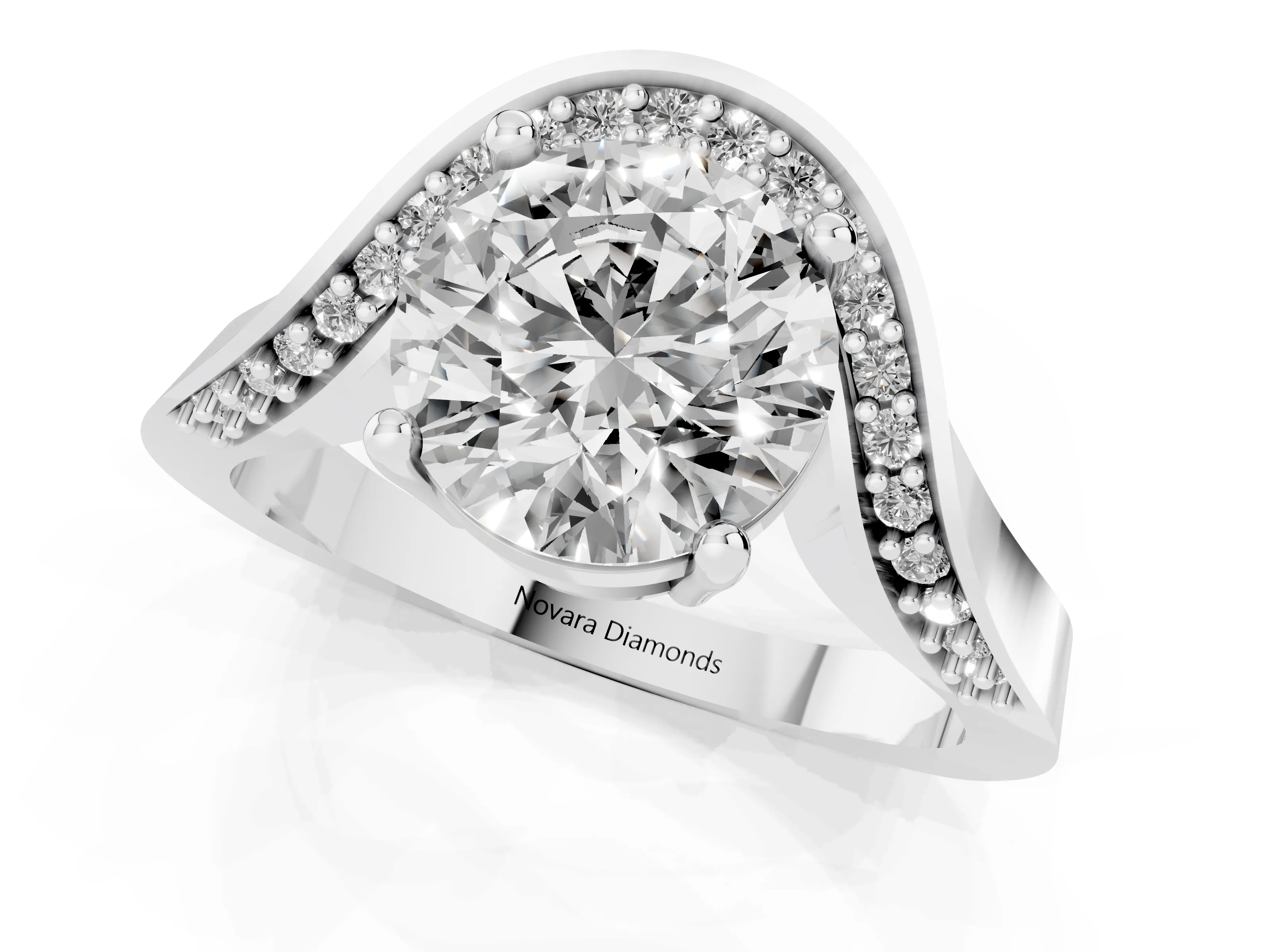 Round Cut Diamond Solitaire Engagement Ring Set in Silver with Pavé Shoulders