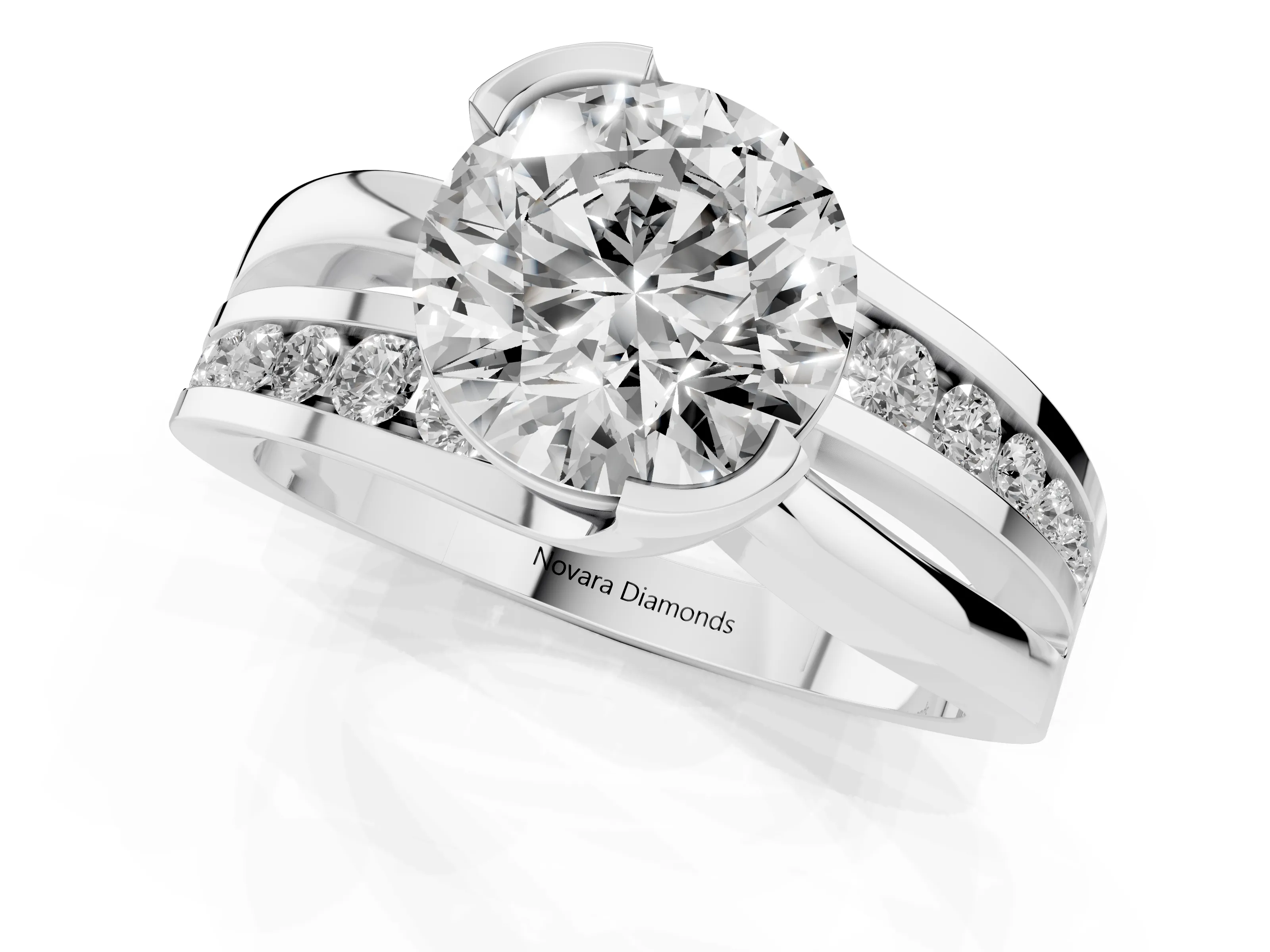 Round Cut Diamond Solitaire Ring Set in Silver with Channel Set Split Shank and Tension Prongs