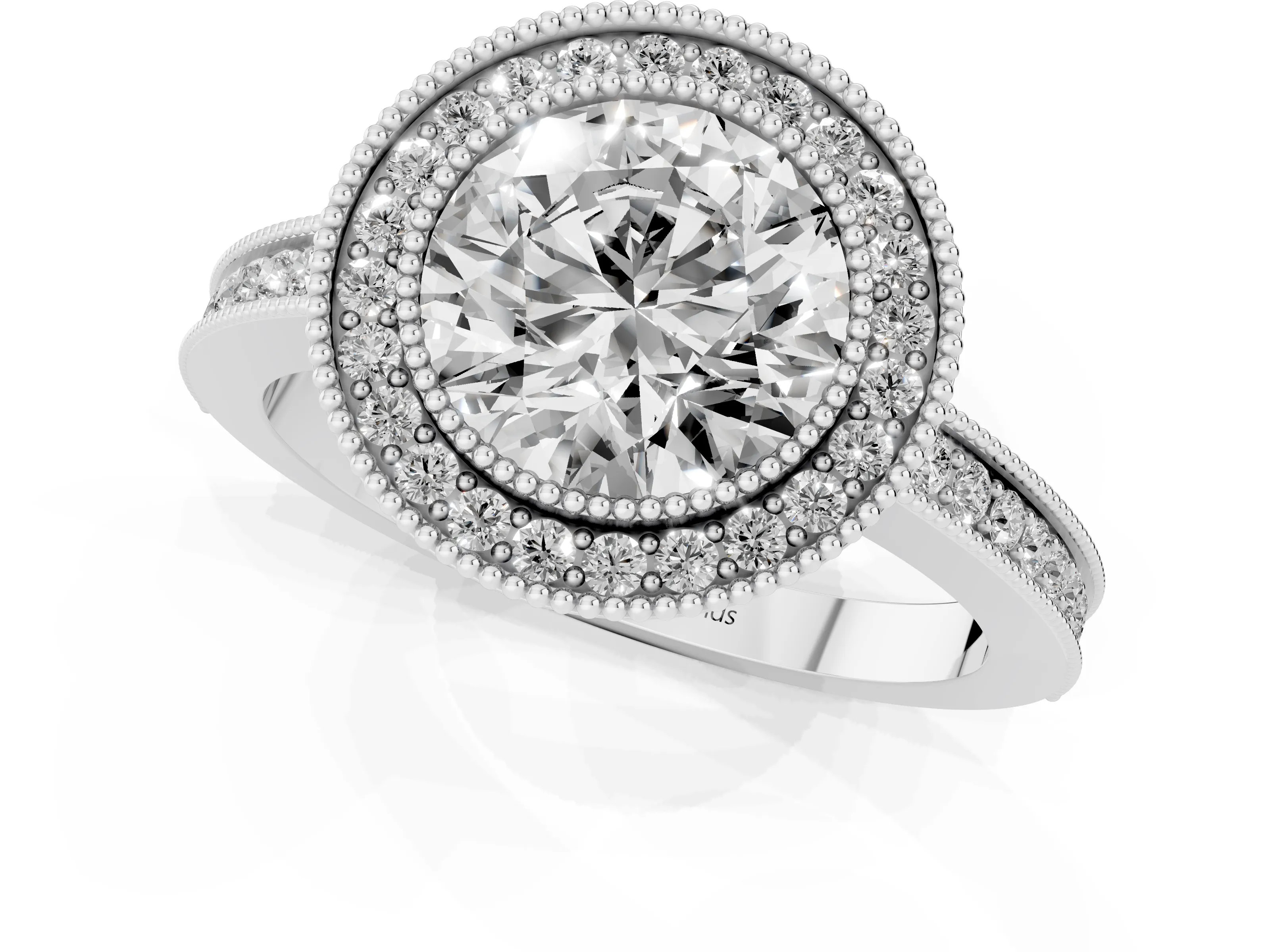 Round Cut Diamond Halo Ring Set in White gold with Pavé Band and Milgrain-Edged Prongs