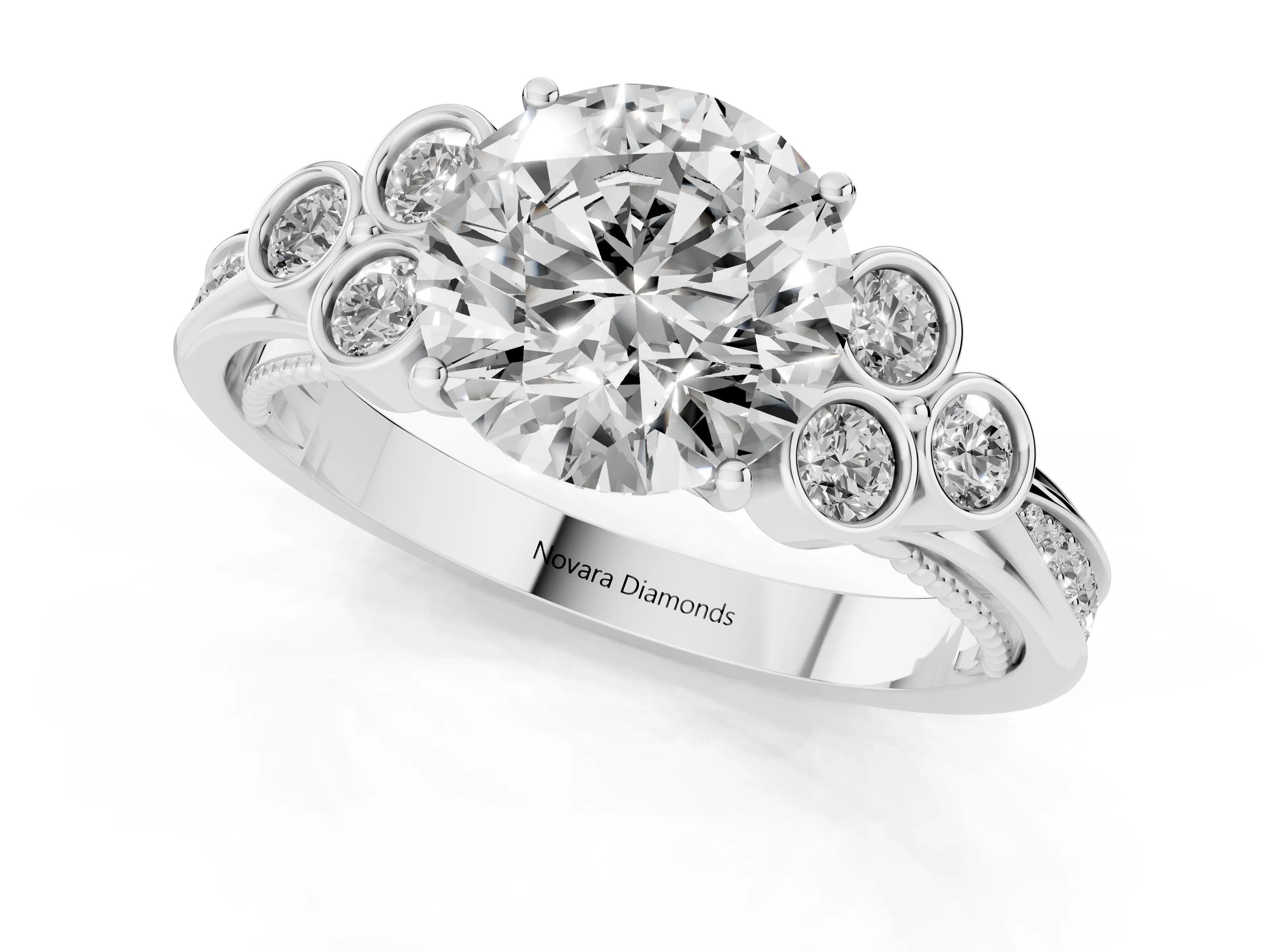 Round Cut Diamond Engagement Ring Set in Platinum with Bezel Set Round Side Stones and Prong Setting