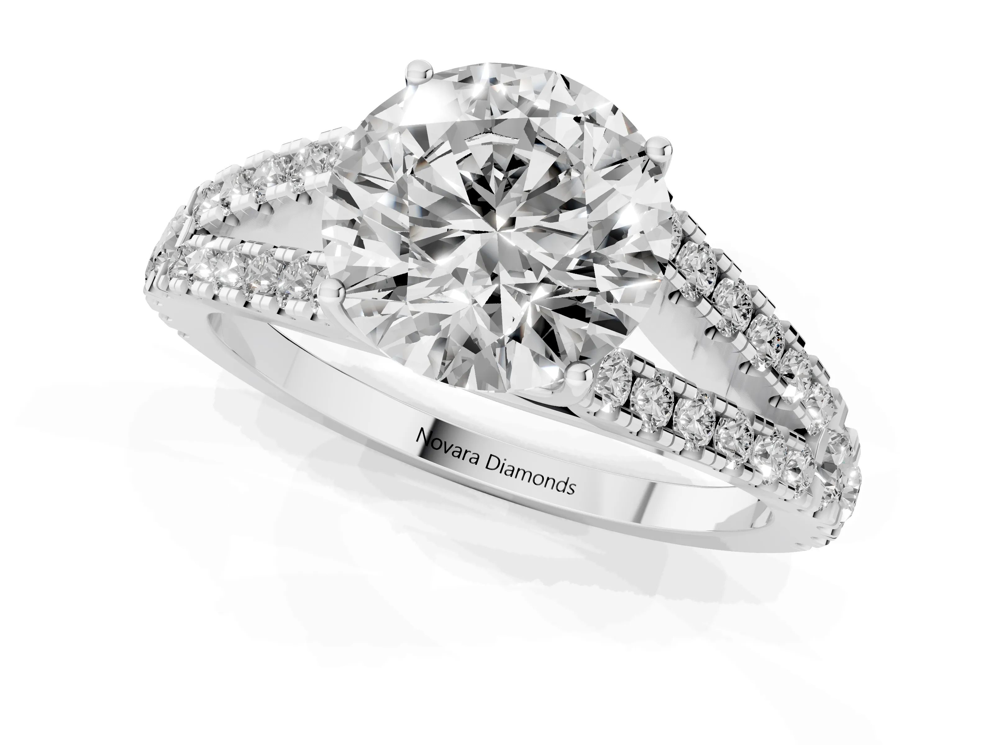 Round Cut Diamond Split Shank Pavé Engagement Ring Set in Platinum with Prong-Held Center Stone – second view