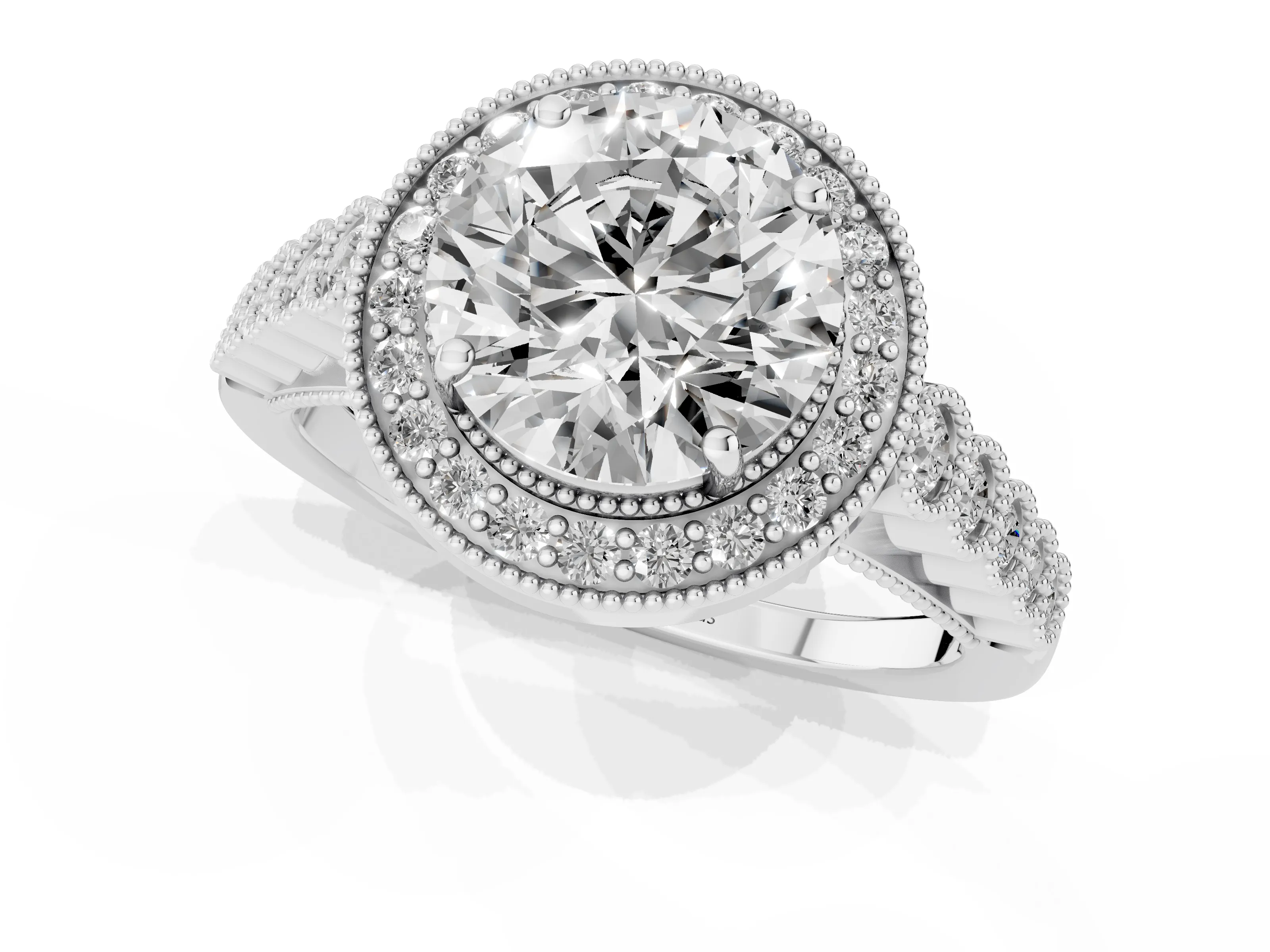 Round Cut Diamond Milgrain Halo Solitaire Ring Set in White gold with Bezel Set Side Stones and Pavé Band