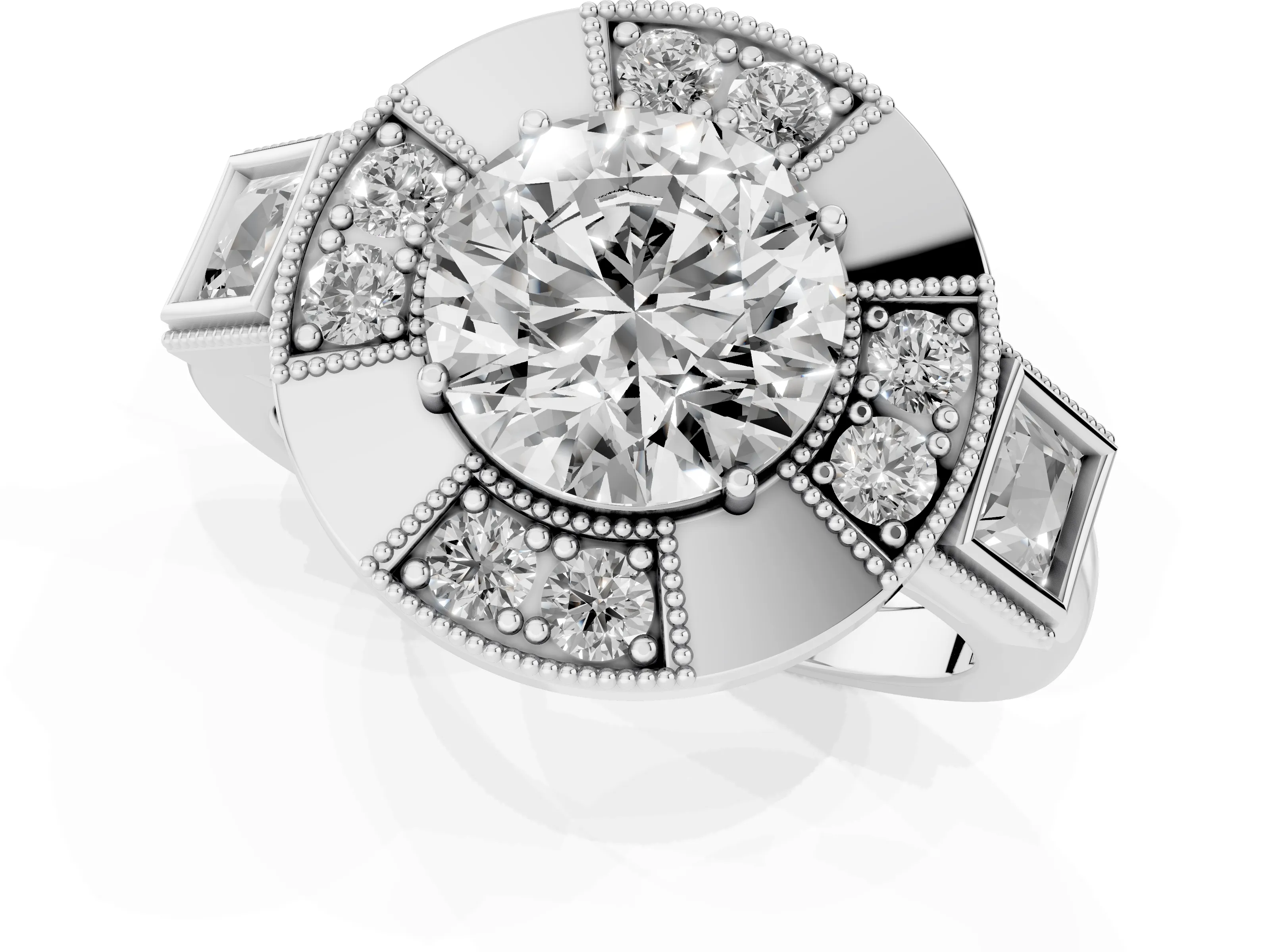 Round Cut Diamond Milgrain Halo Ring Set in Silver with Split Shank