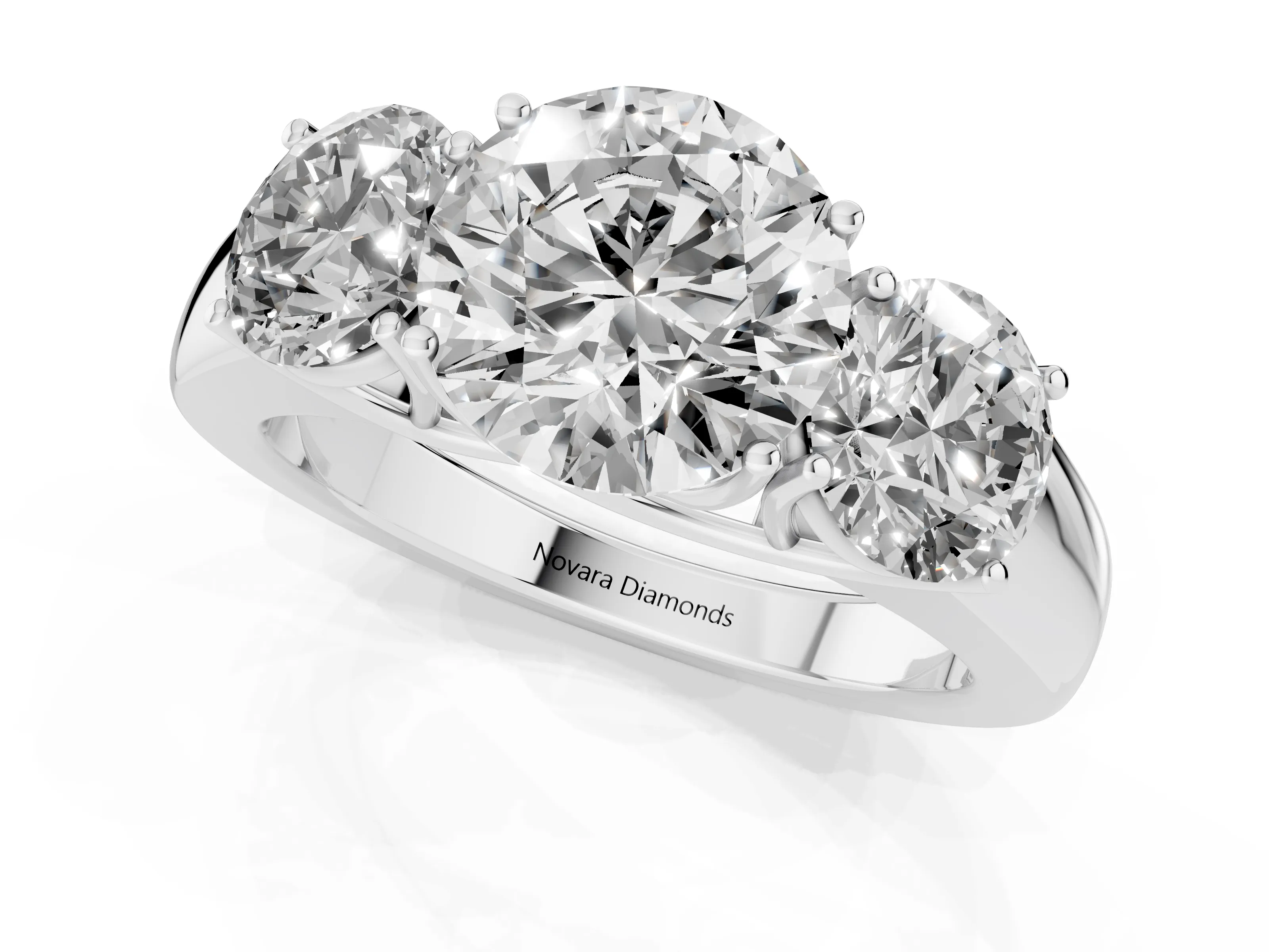Three-Stone Round Cut Diamond Ring Set in White gold with Matching Prong Settings and Plain Band – second view