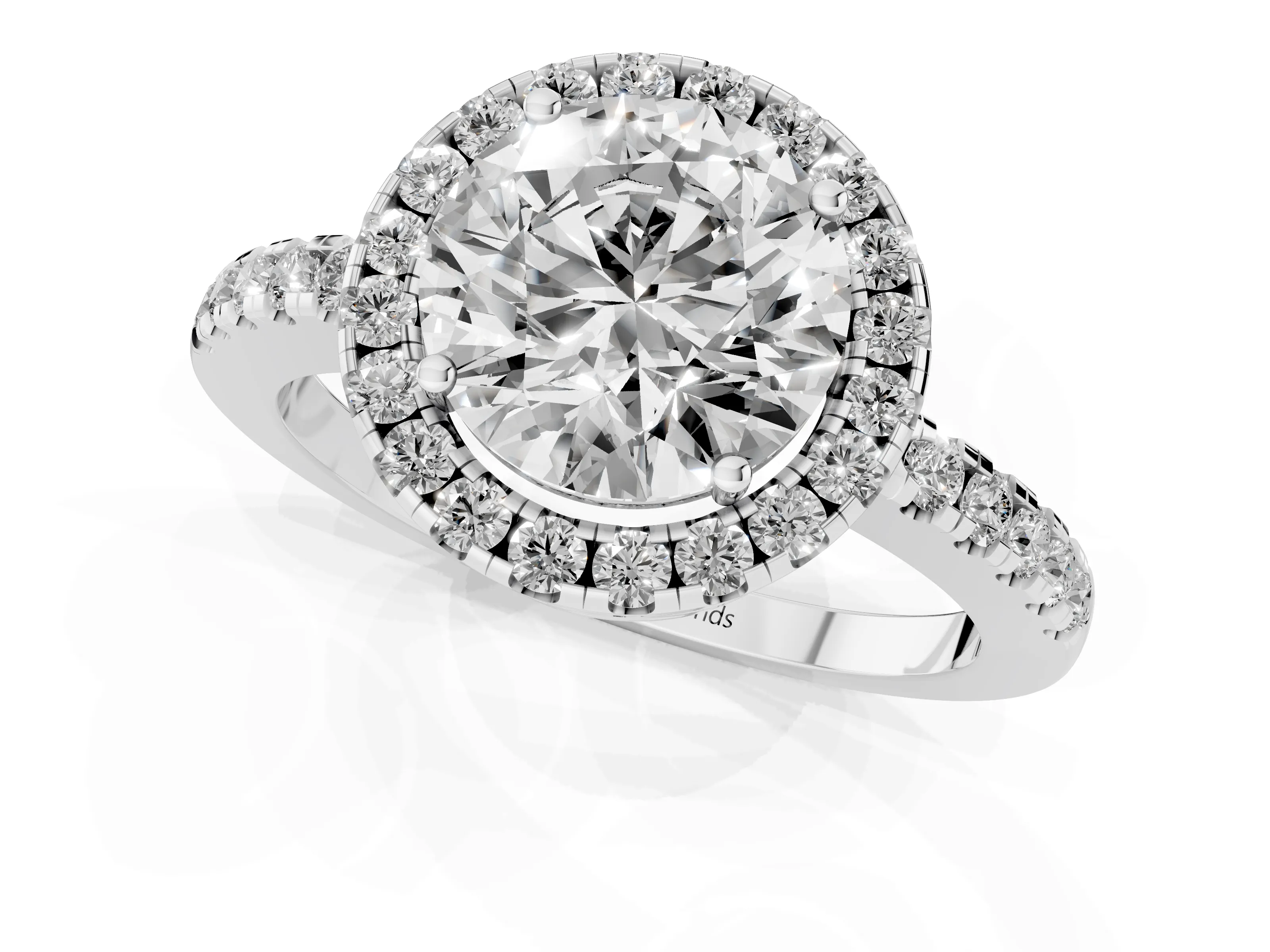 Round Cut Diamond Pavé Band Halo Engagement Ring Set in White gold with Prong Setting