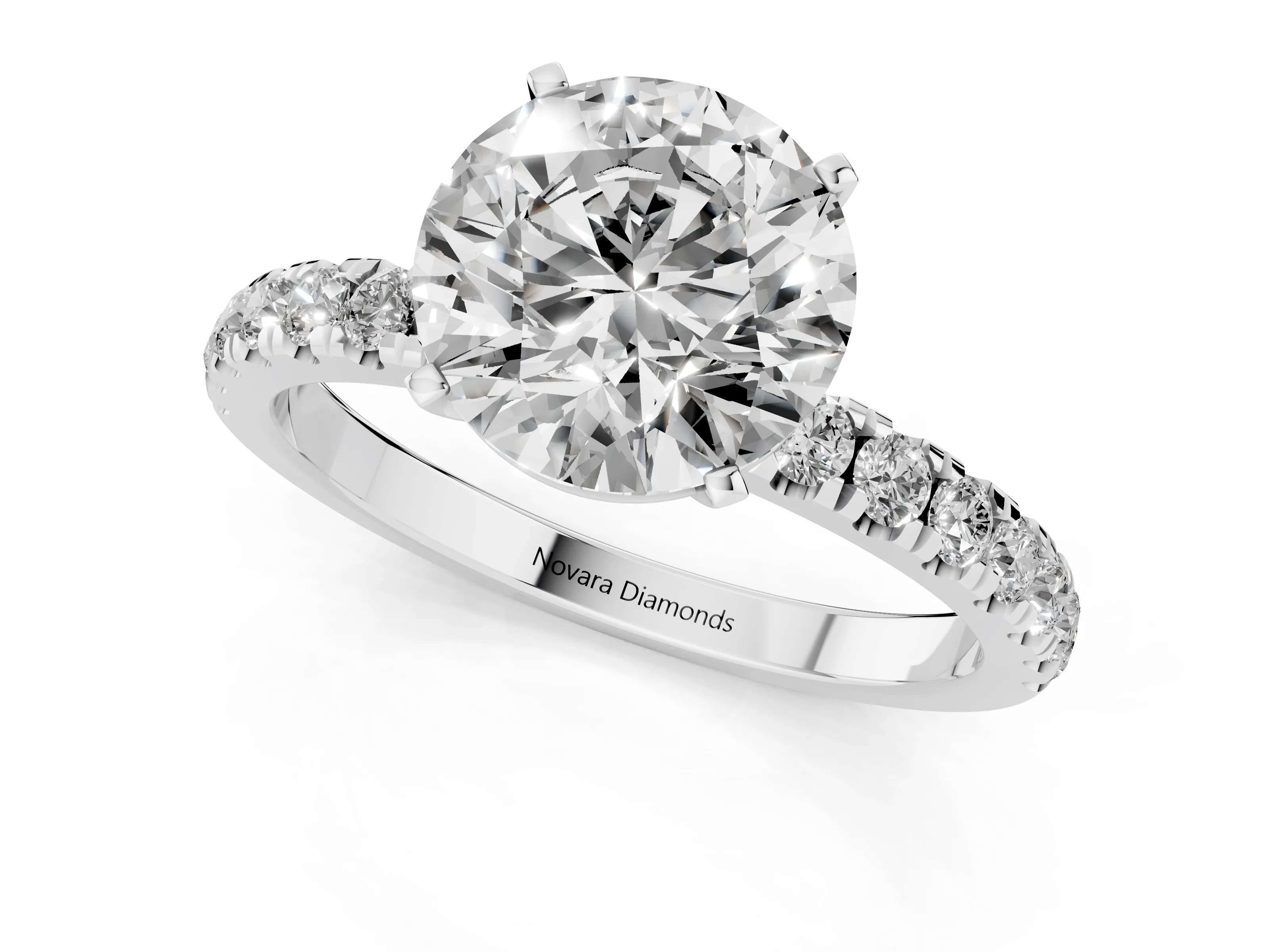 Round Cut Diamond Solitaire Ring Set in Silver with Pavé Accents and Prong Setting
