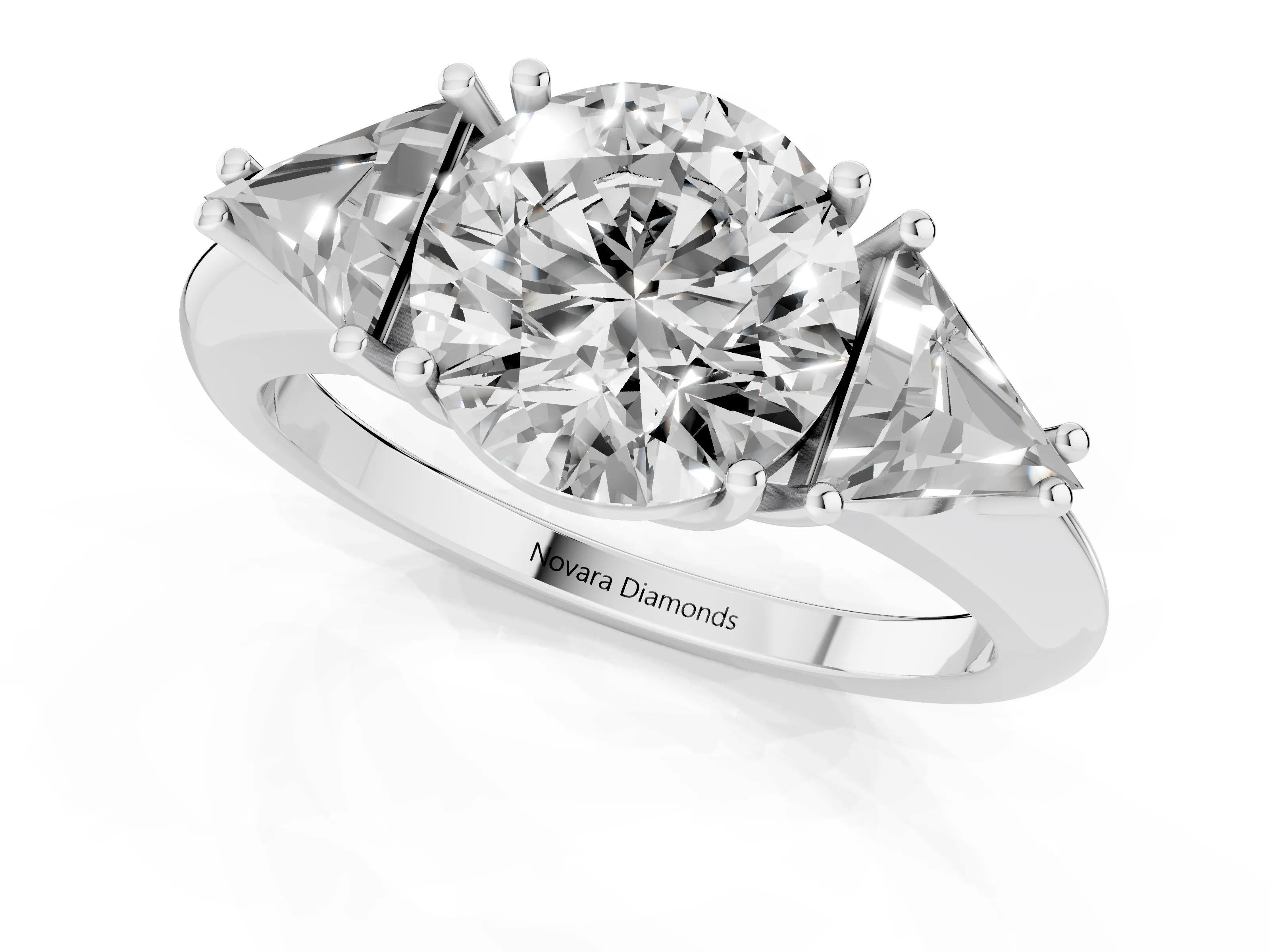 Round Cut Diamond Three-Stone Engagement Ring Set in White gold with Trillion Side Stones
