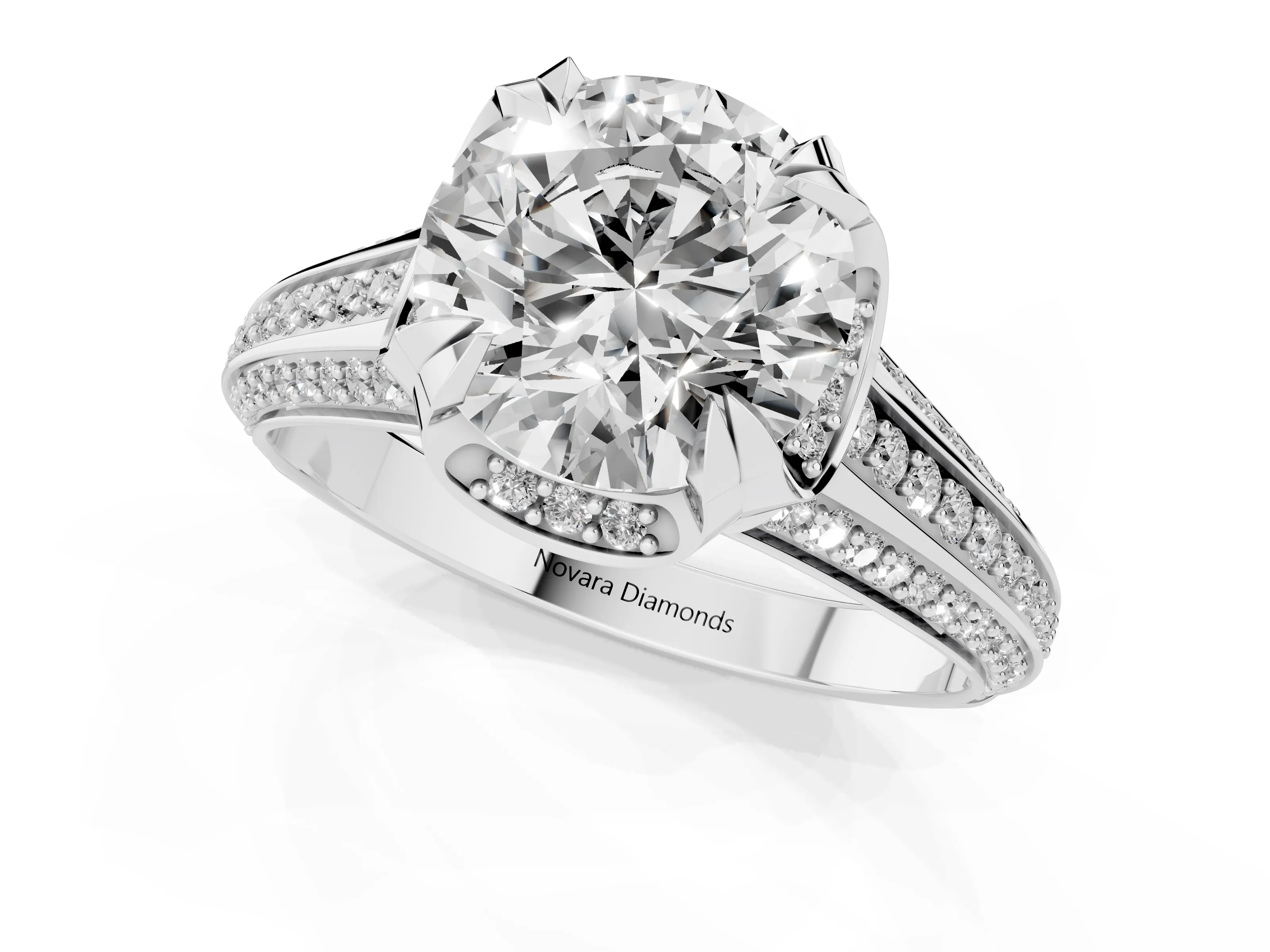 Round Cut Diamond Pavé Split Shank Solitaire Ring Set in White gold with Prong Setting
