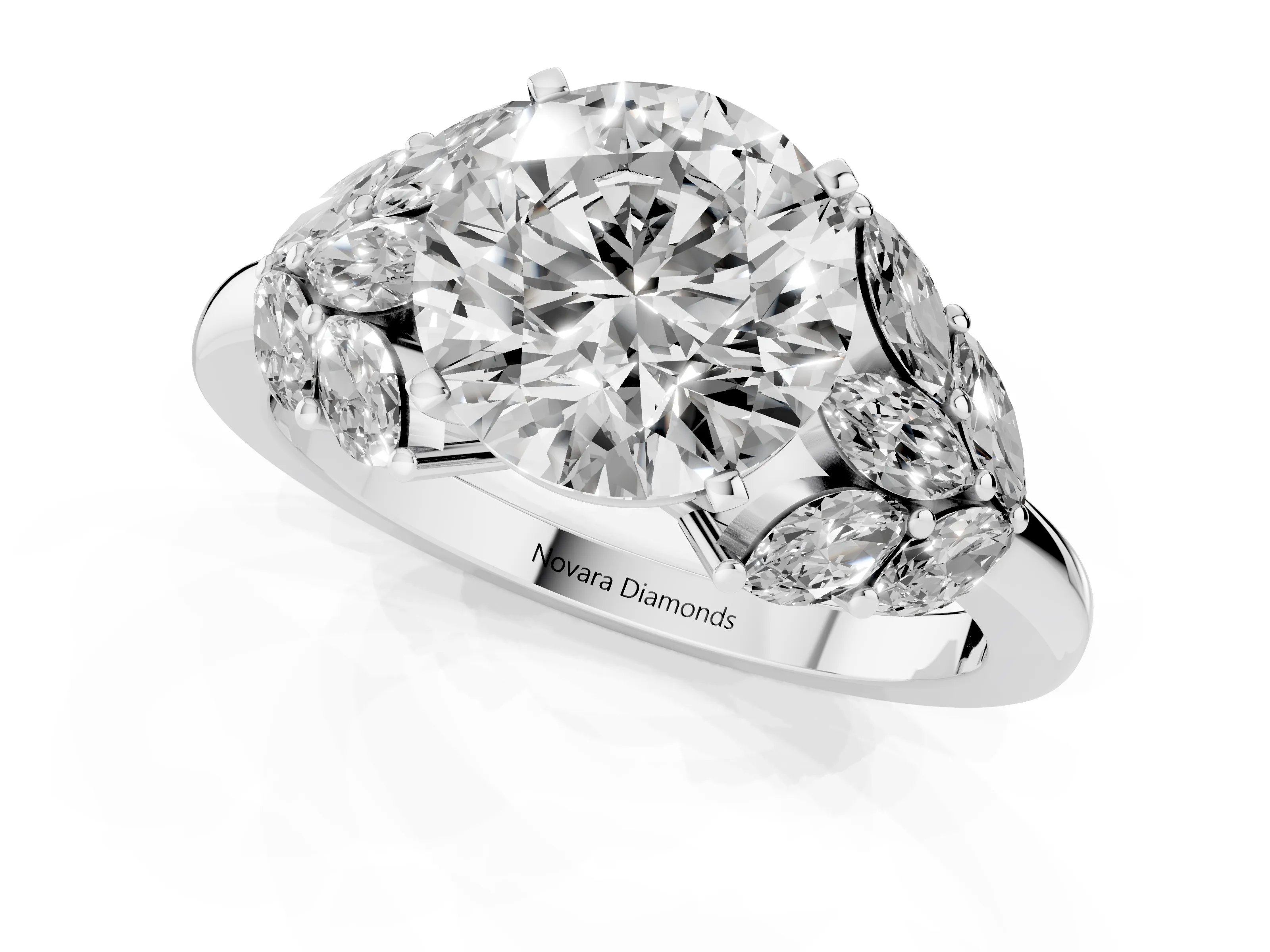 Round Cut Diamond Cluster Leaf Design Ring Set in Platinum with Prong Setting