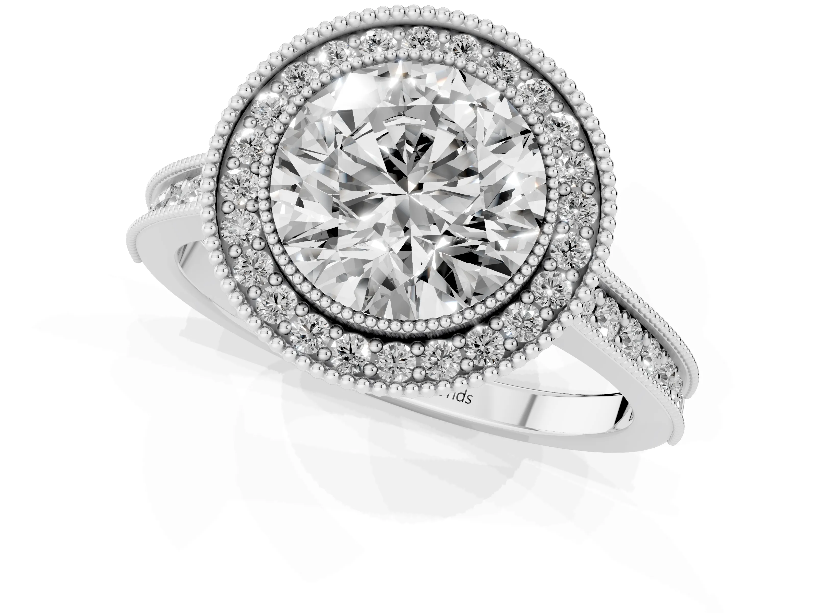 Round Cut Diamond Halo Milgrain Pavé Band Ring Set in Platinum with Prong Setting