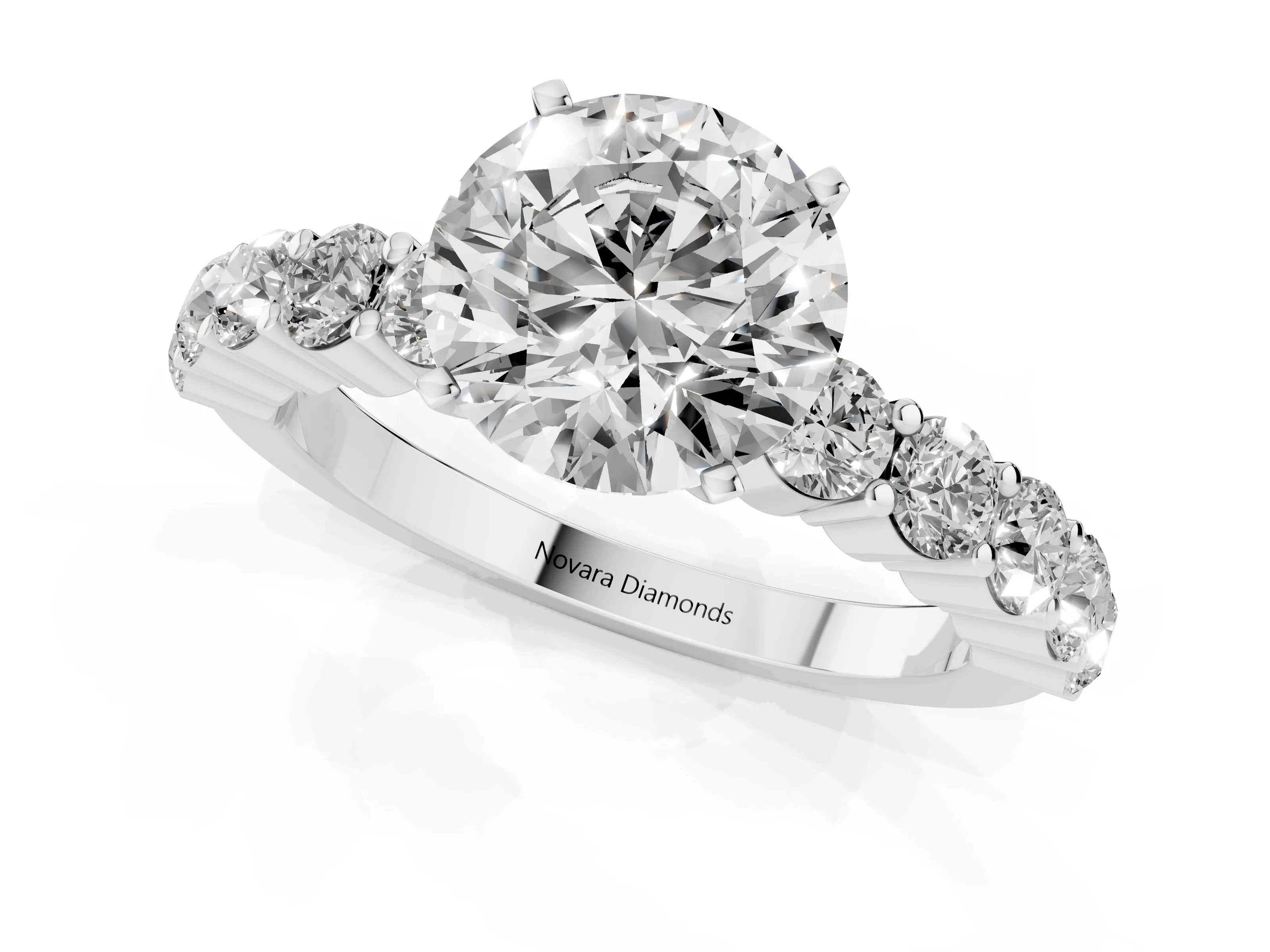 Round Cut Diamond Solitaire Ring Set in Silver with Shared Prong Round Side Stones